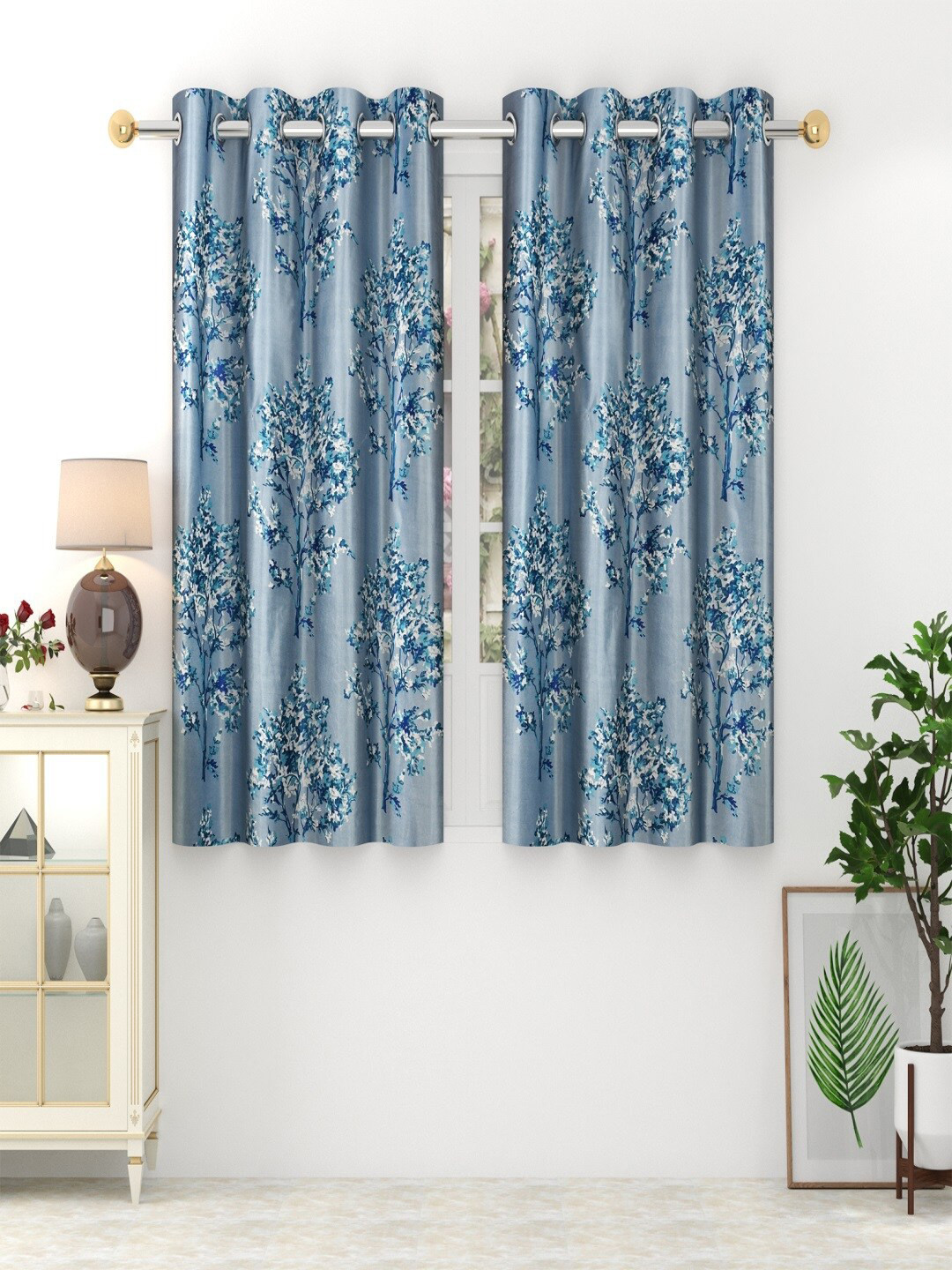 Panipat Textile Hub Blue & White 2 Pieces Floral Window Curtains