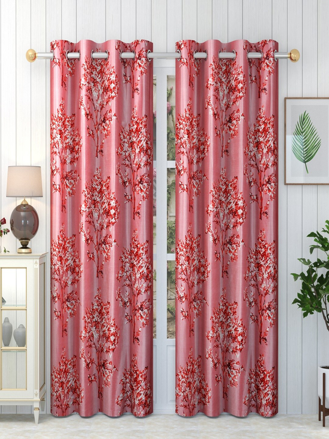Panipat Textile Hub Maroon & White 2 Pieces Floral Door Curtains
