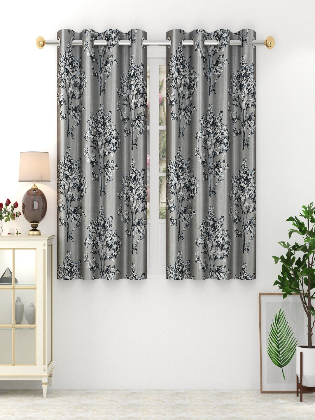 Panipat Textile Hub Dry Tree Grey & White 2 Pieces Floral Print Window Curtains