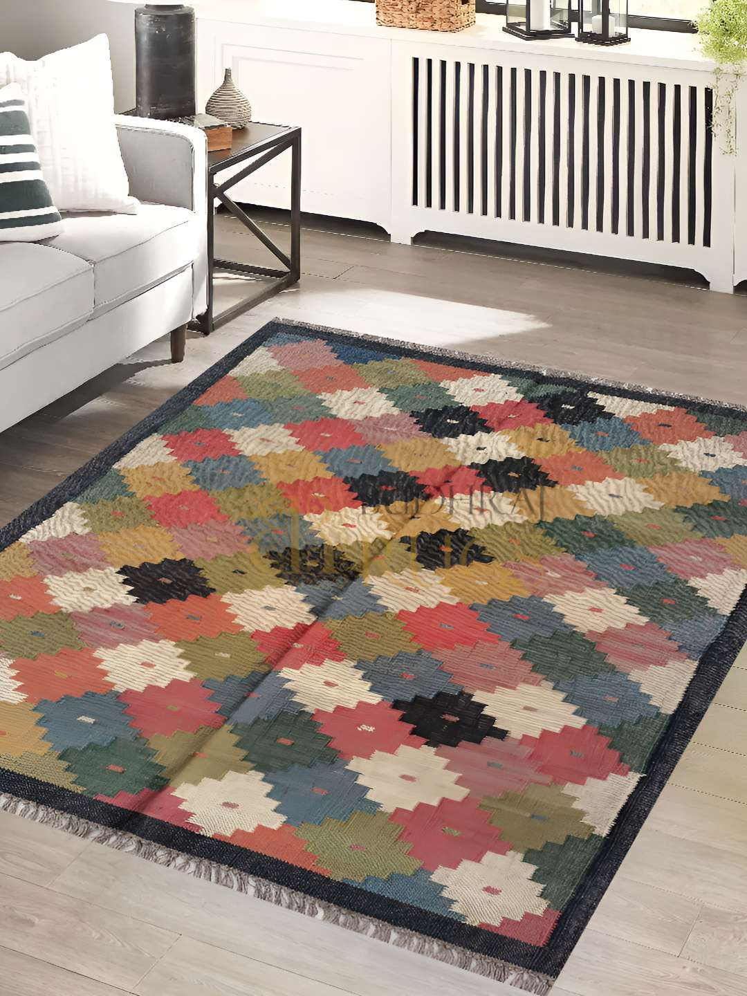 Budhrajrugs Beige & Red Geometric Rectangle Wool jute Dhurrie