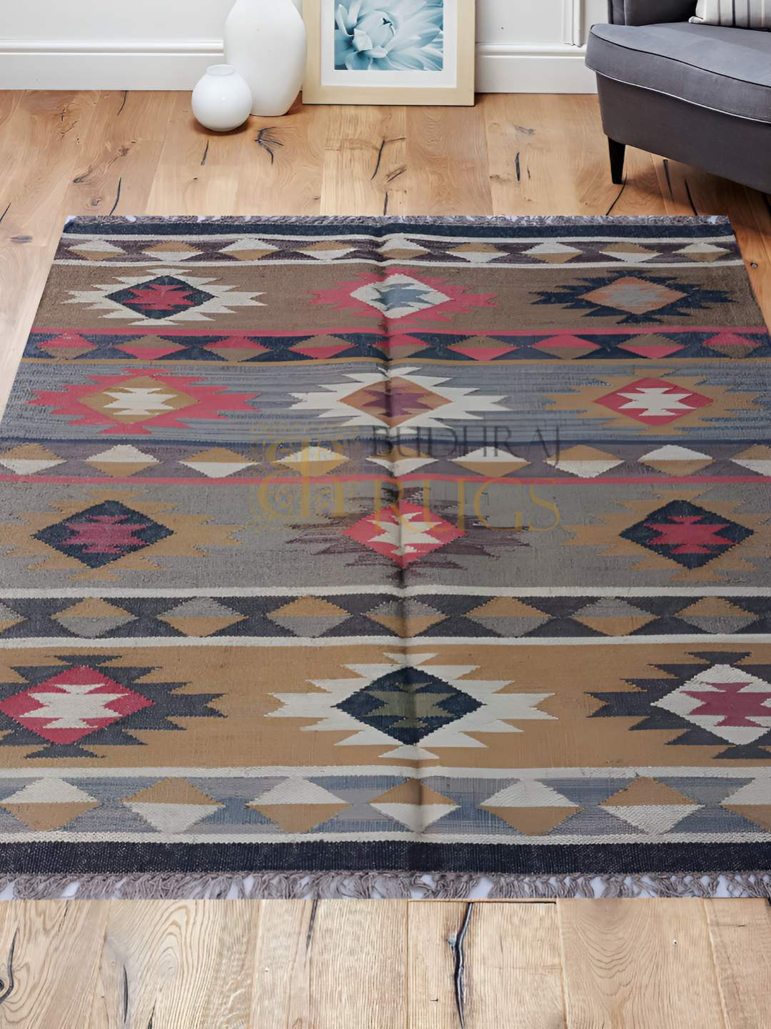 Budhrajrugs Grey & Beige Geometric Rectangle Handmade Dhurrie