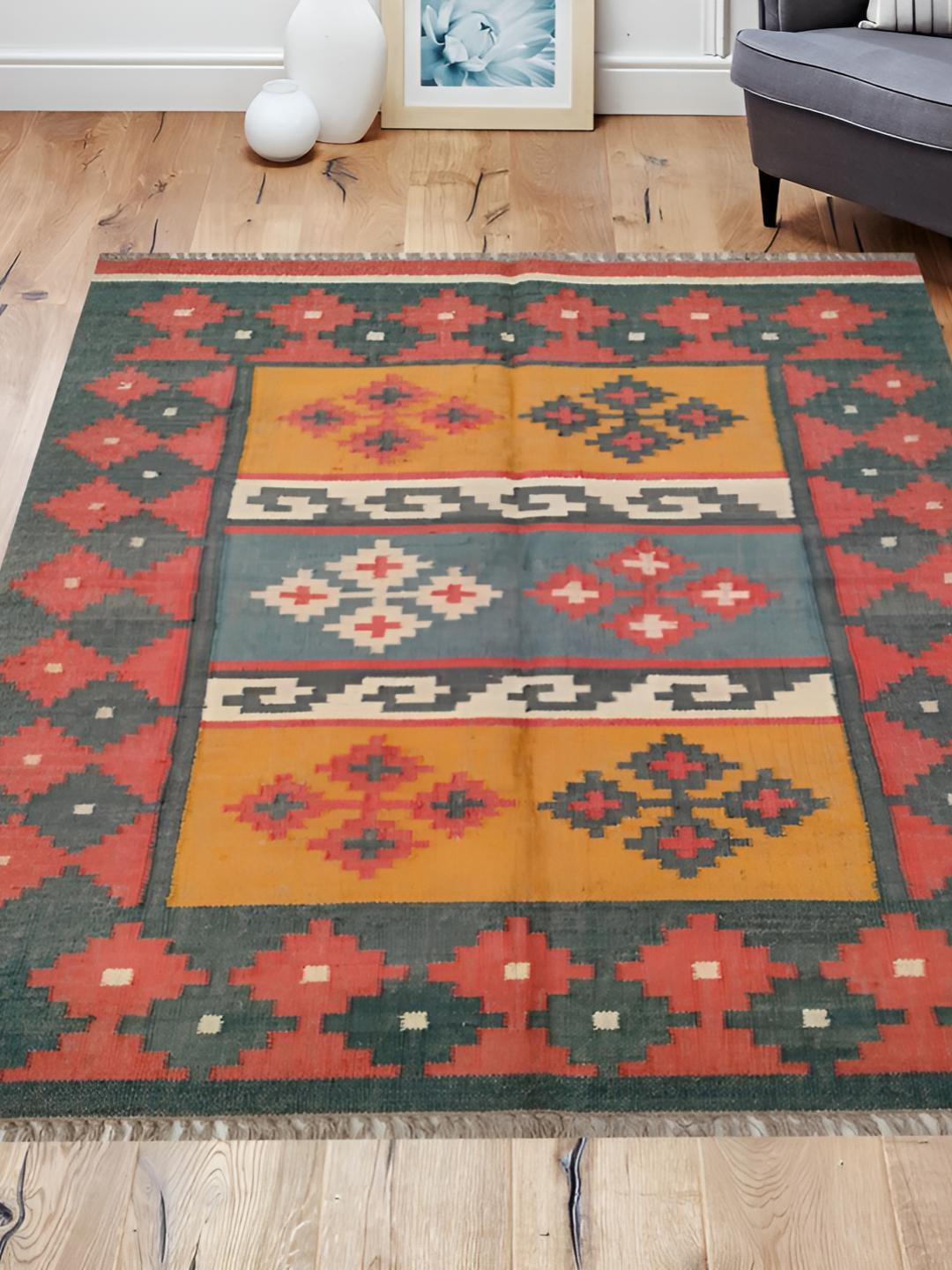 Budhrajrugs Maroon & Yellow Geometric Rectangle Wool jute Dhurrie