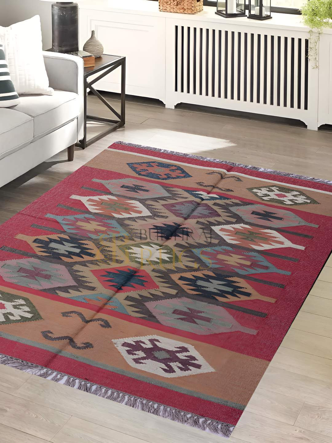 Budhrajrugs Black & Red Geometric Rectangle Dhurrie