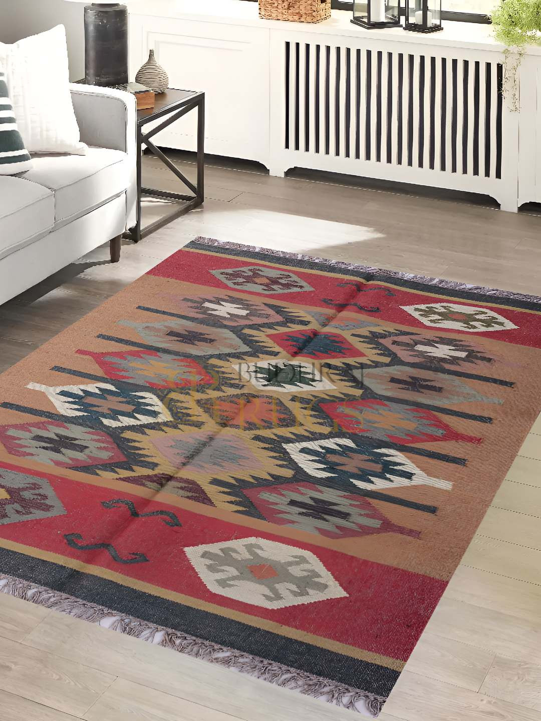 Budhrajrugs Maroon & Brown Geometric Rectangle Wool jute Dhurrie