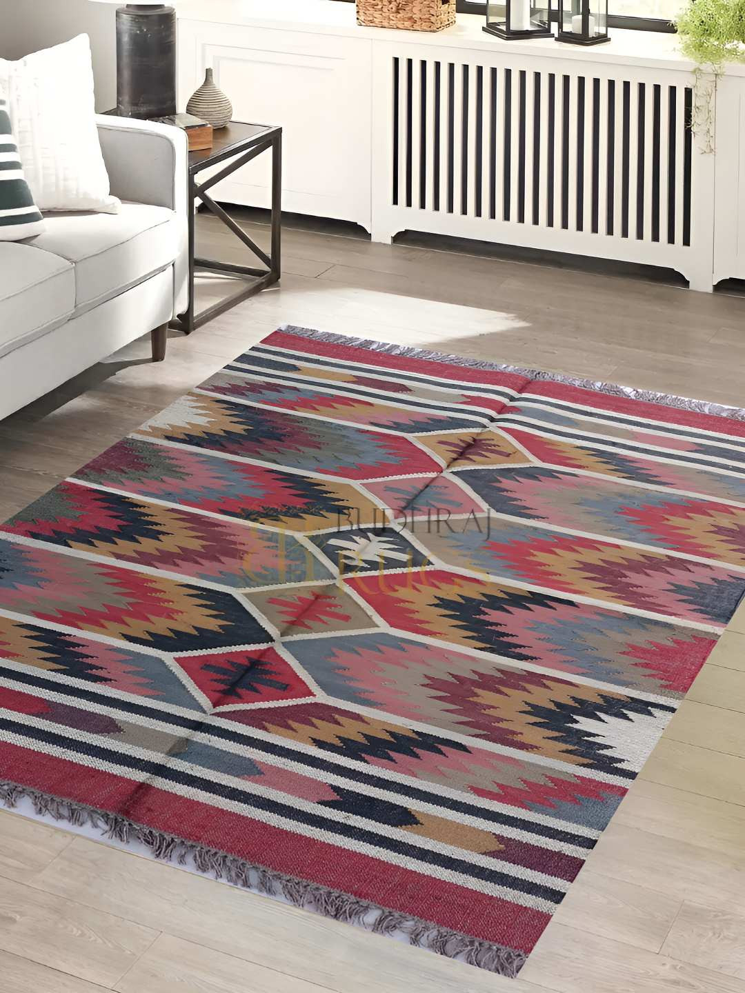 Budhrajrugs Red & Black Geometric Rectangle Dhurrie