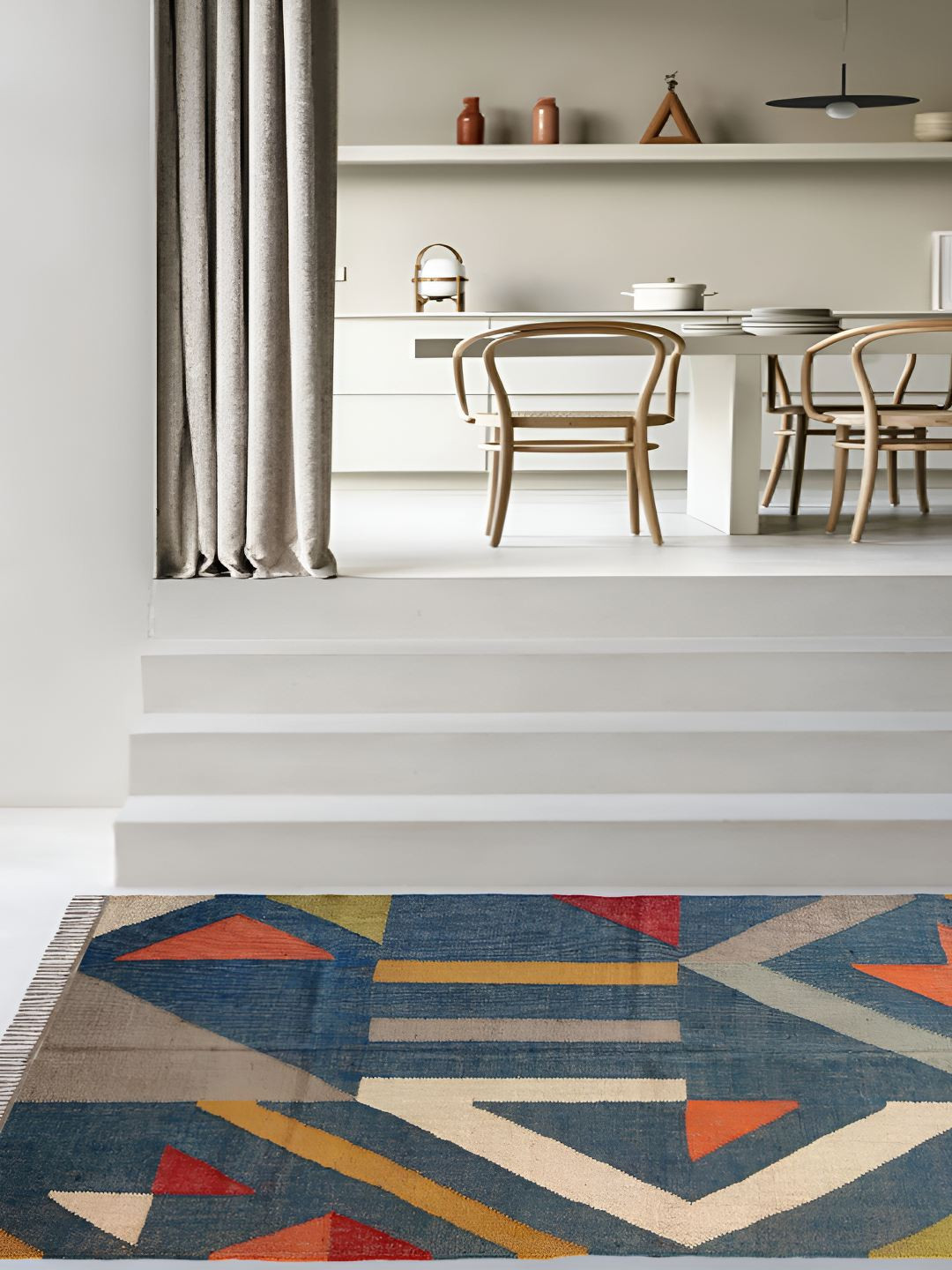 Budhrajrugs Blue & Orange Geometric Rectangle Wool jute Dhurrie
