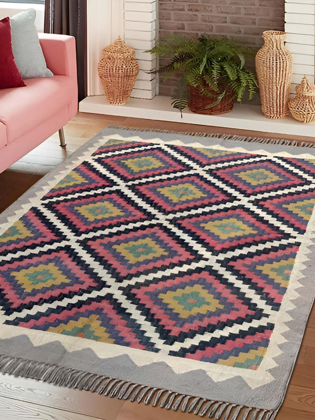 Budhrajrugs Maroon & Yellow Geometric Wool Jute Rectangle Dhurrie