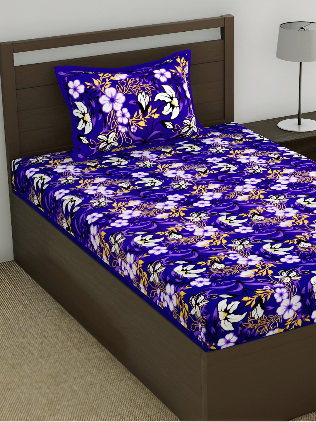Homez Sparrow Jaipuri Blue Floral Pure Cotton 120 TC Single Bedsheet with a Pillow Cover-87 x 59 inches