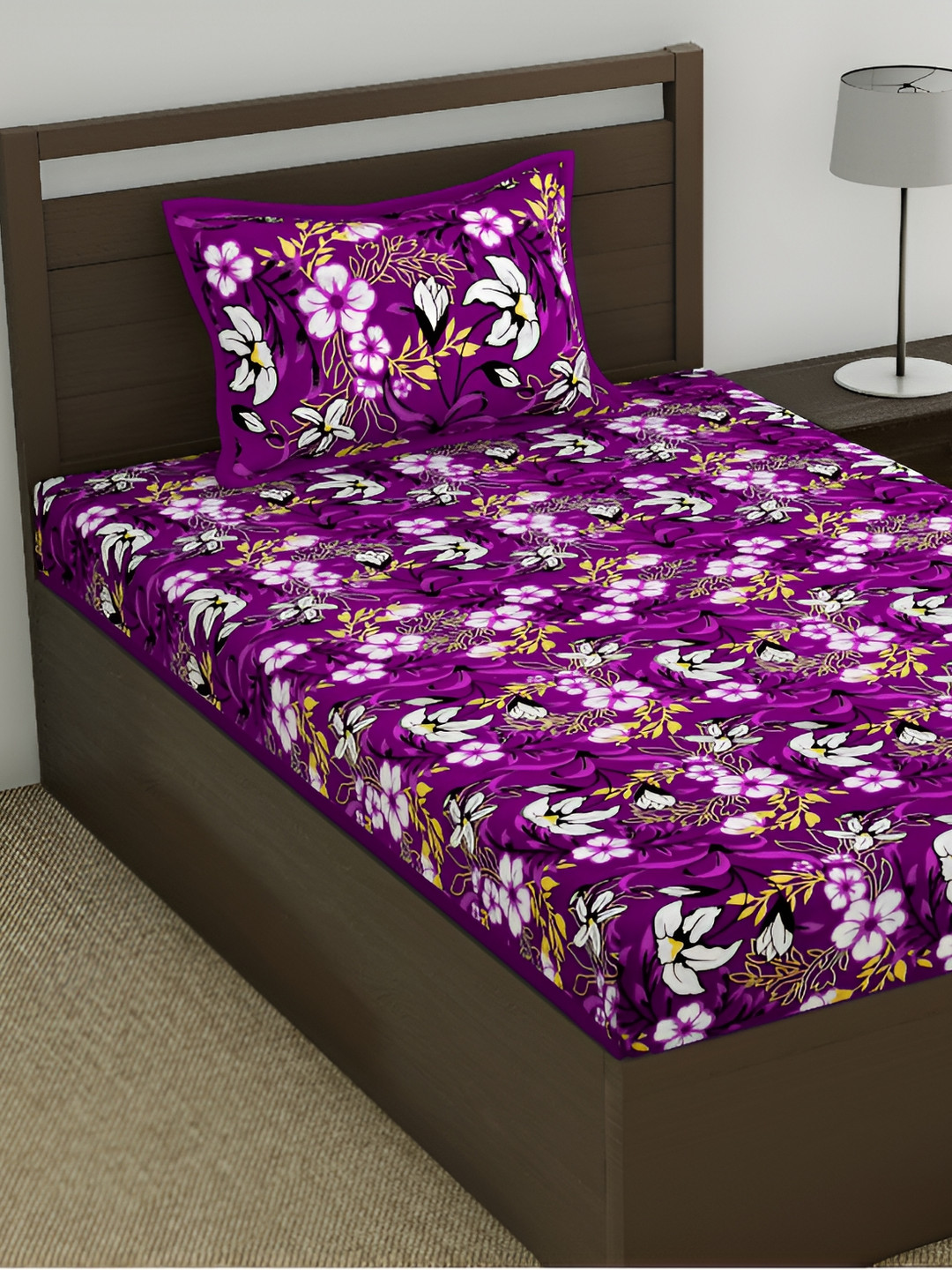 Homez Sparrow Jaipuri Purple Floral Pure Cotton 120 TC Single Bedsheet with a Pillow Cover-59 x 87 inches
