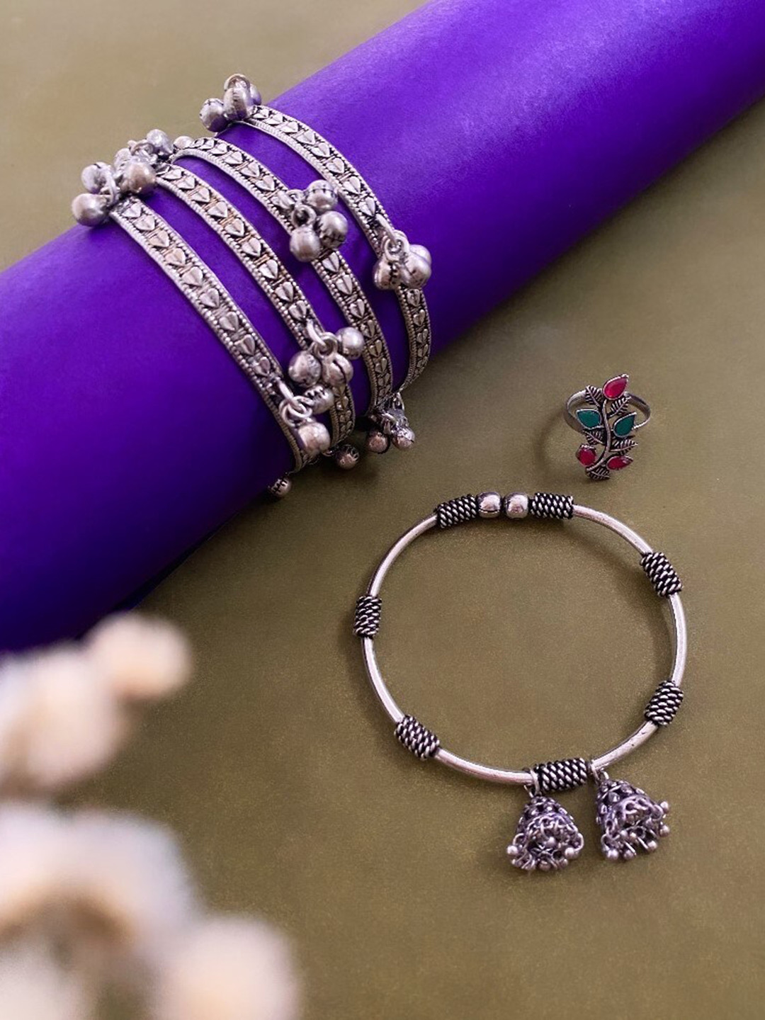 ATIBELLE Set of 3 German Silver Plated & Stone Studded Jewellery Set