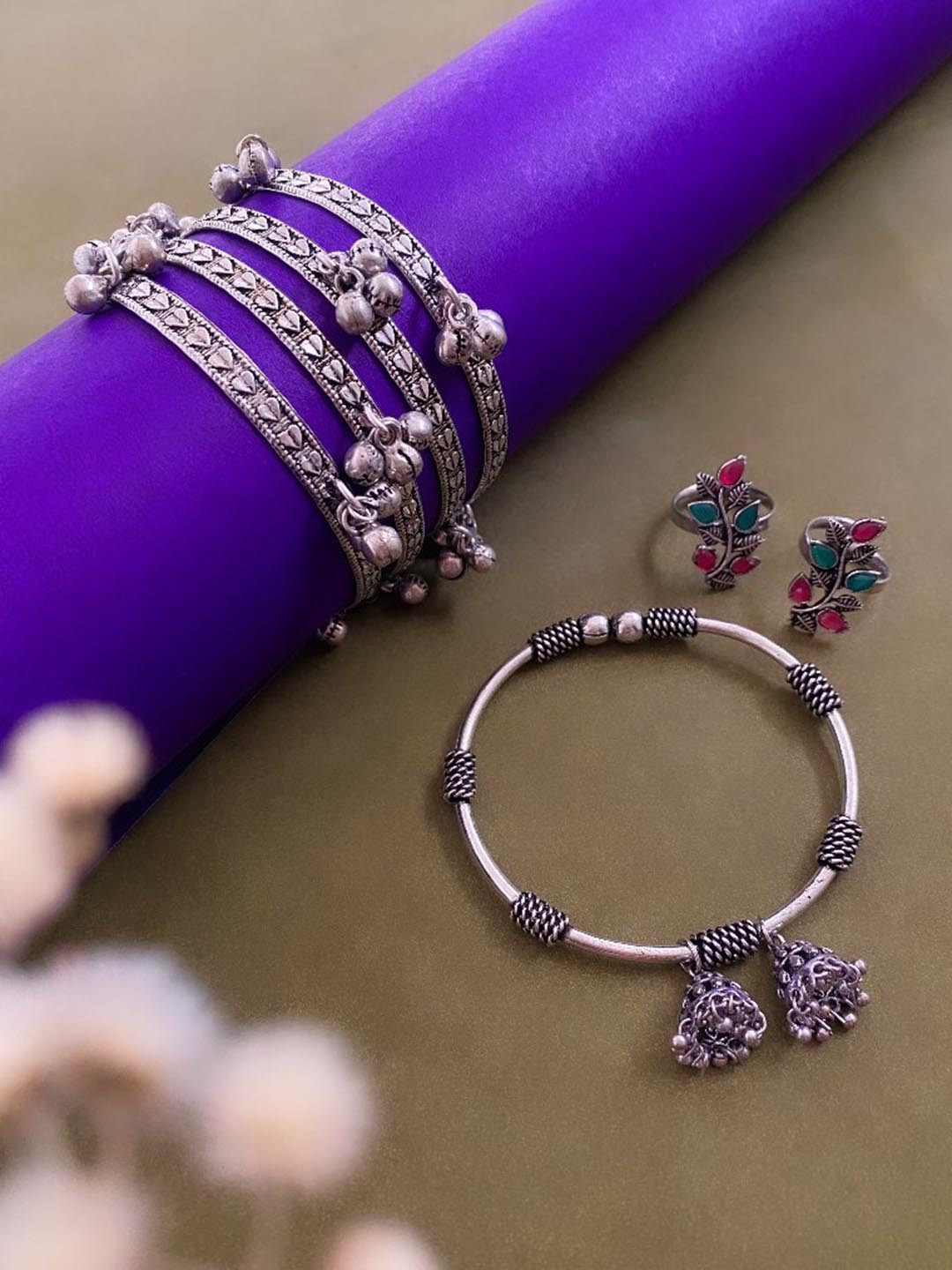 ATIBELLE Set of 3 German Silver Plated & Stone Studded Bangles & Toe Rings