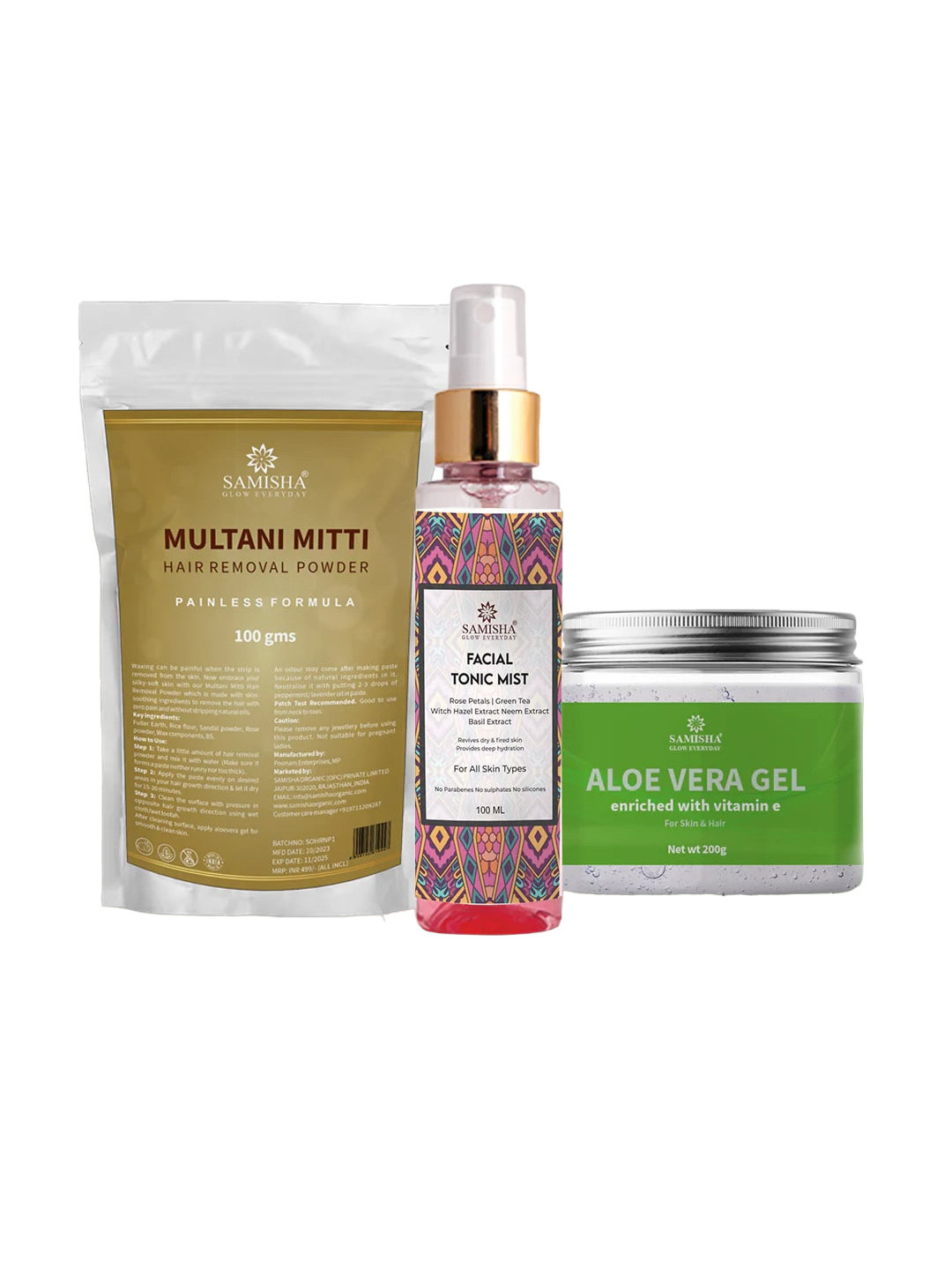 SAMISHA 3Pcs Hair Removal Powder-Rose Water & Aloe Vera Gel Combo