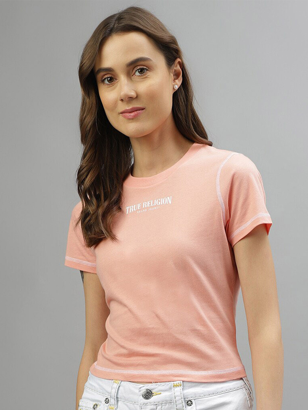 True Religion Slim Fit Typography Printed Round Neck Pure Cotton T-shirt