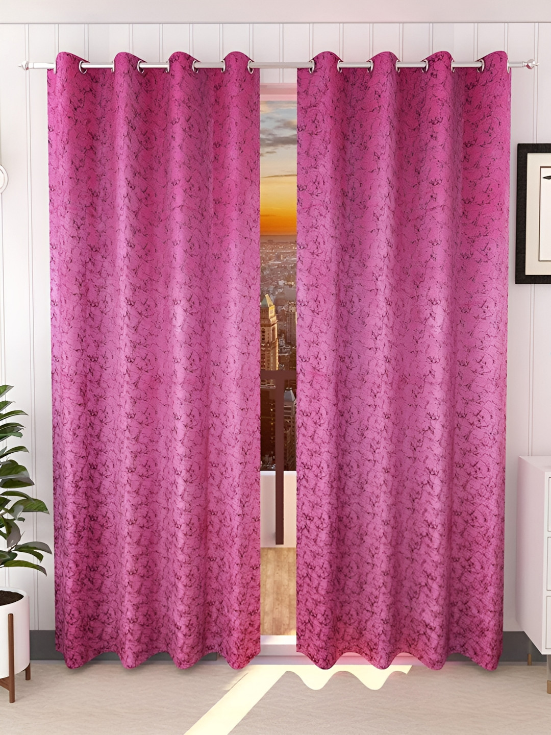 Kraftiq Homes Pink & Maroon 2 Piece Eyelet Abstract Room Darkening Window Curtain