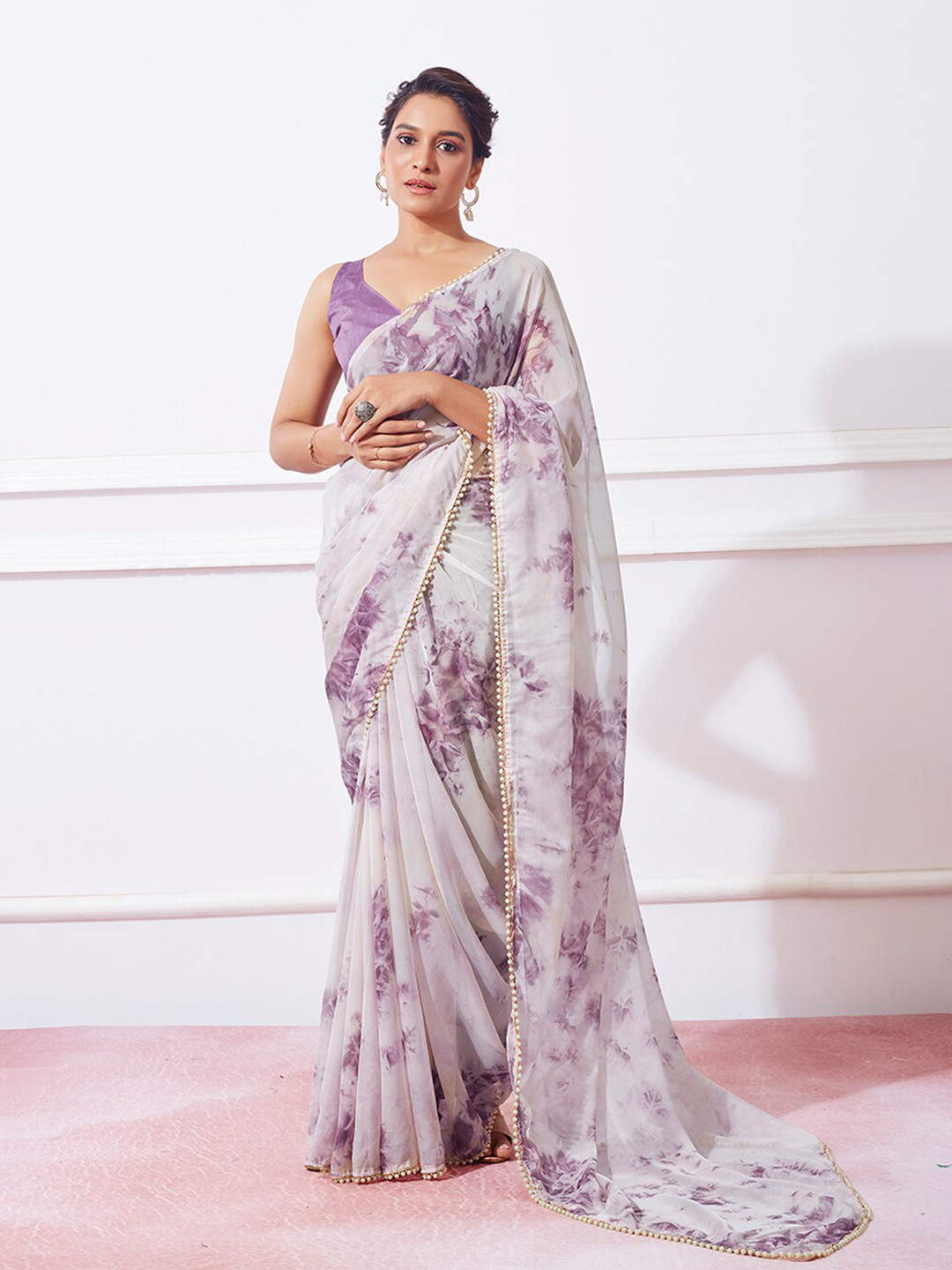 Mitera Cream-Coloured & Lavender Tie & Dye Gotta Patti Organza Saree