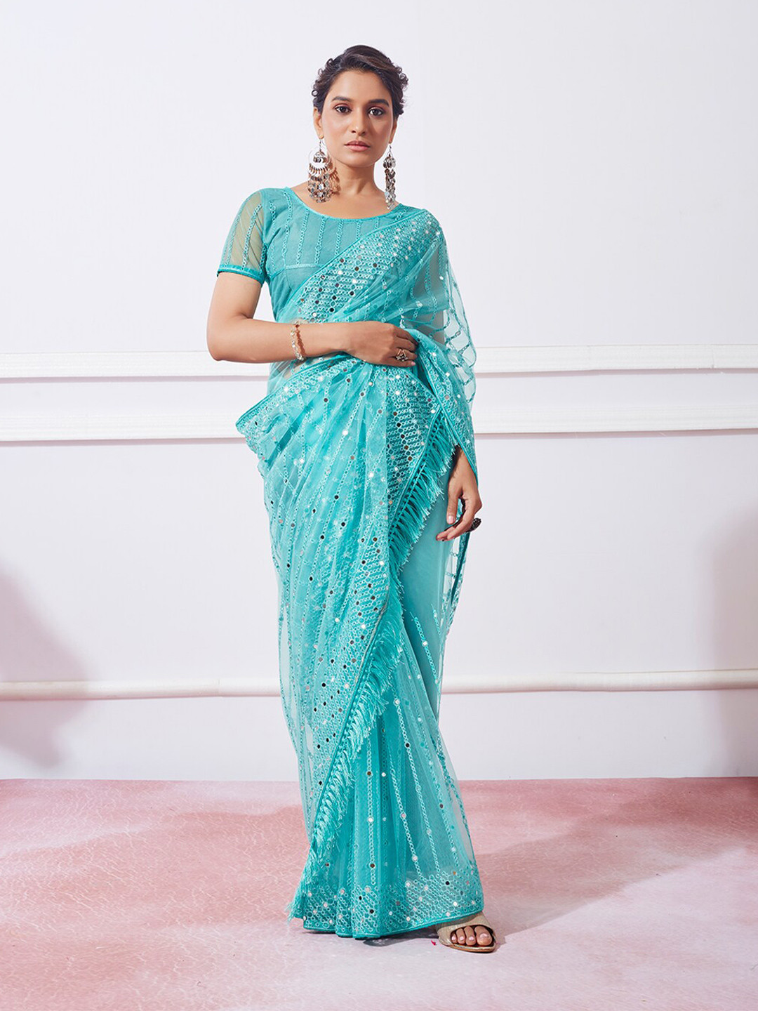Mitera Blue Embellished Mirror Work Net Saree