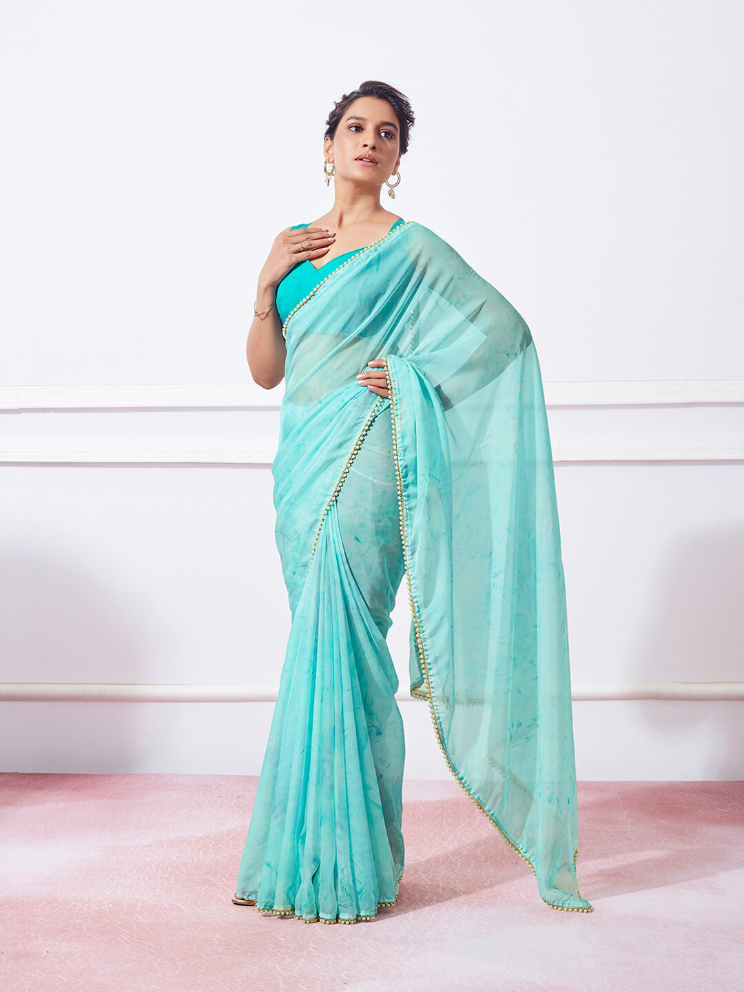 Mitera Blue Tie & Dye Dyed Beads & Stones Organza Saree