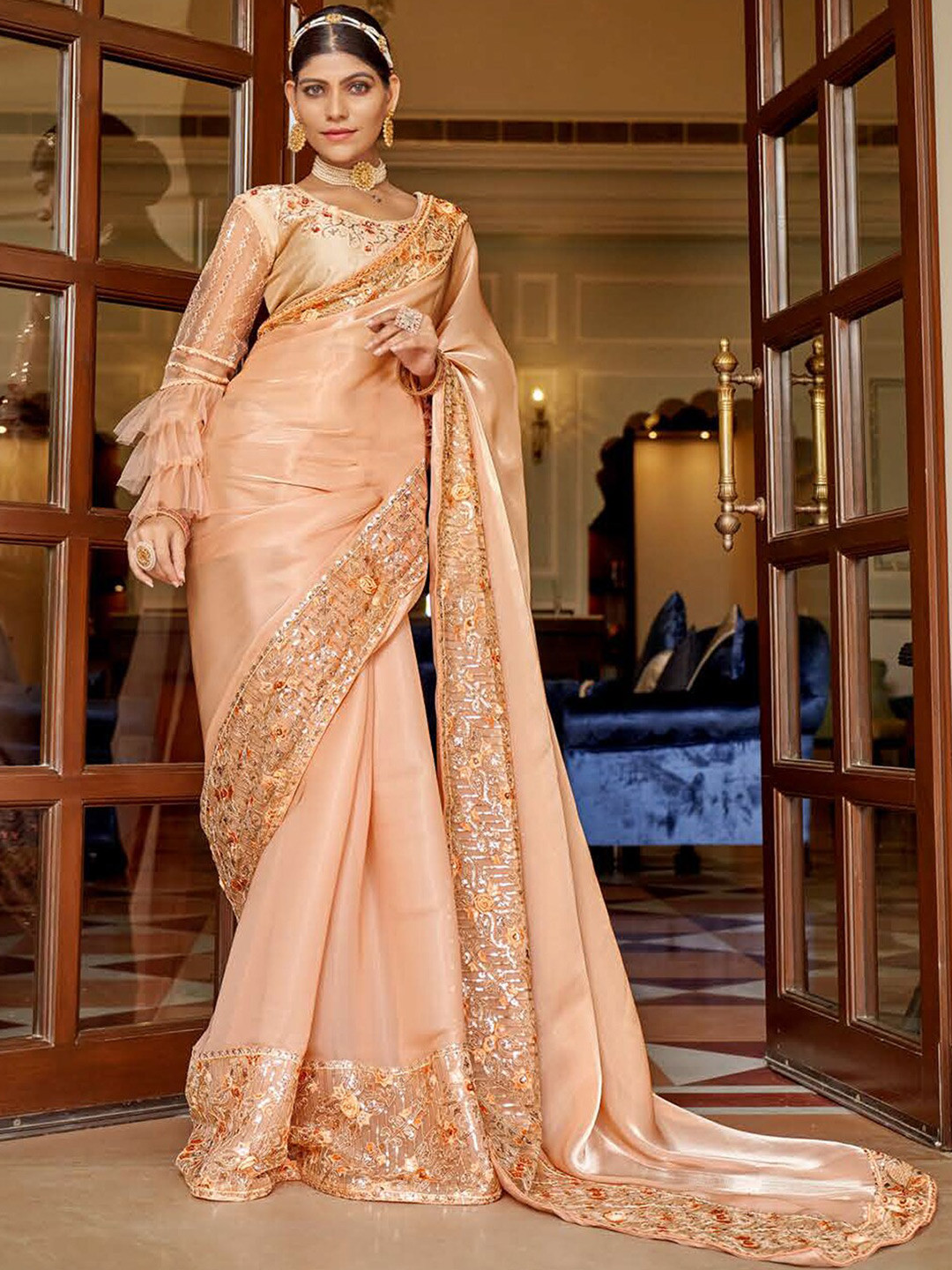 Mitera Peach-Coloured Embellished Embroidered Organza Saree