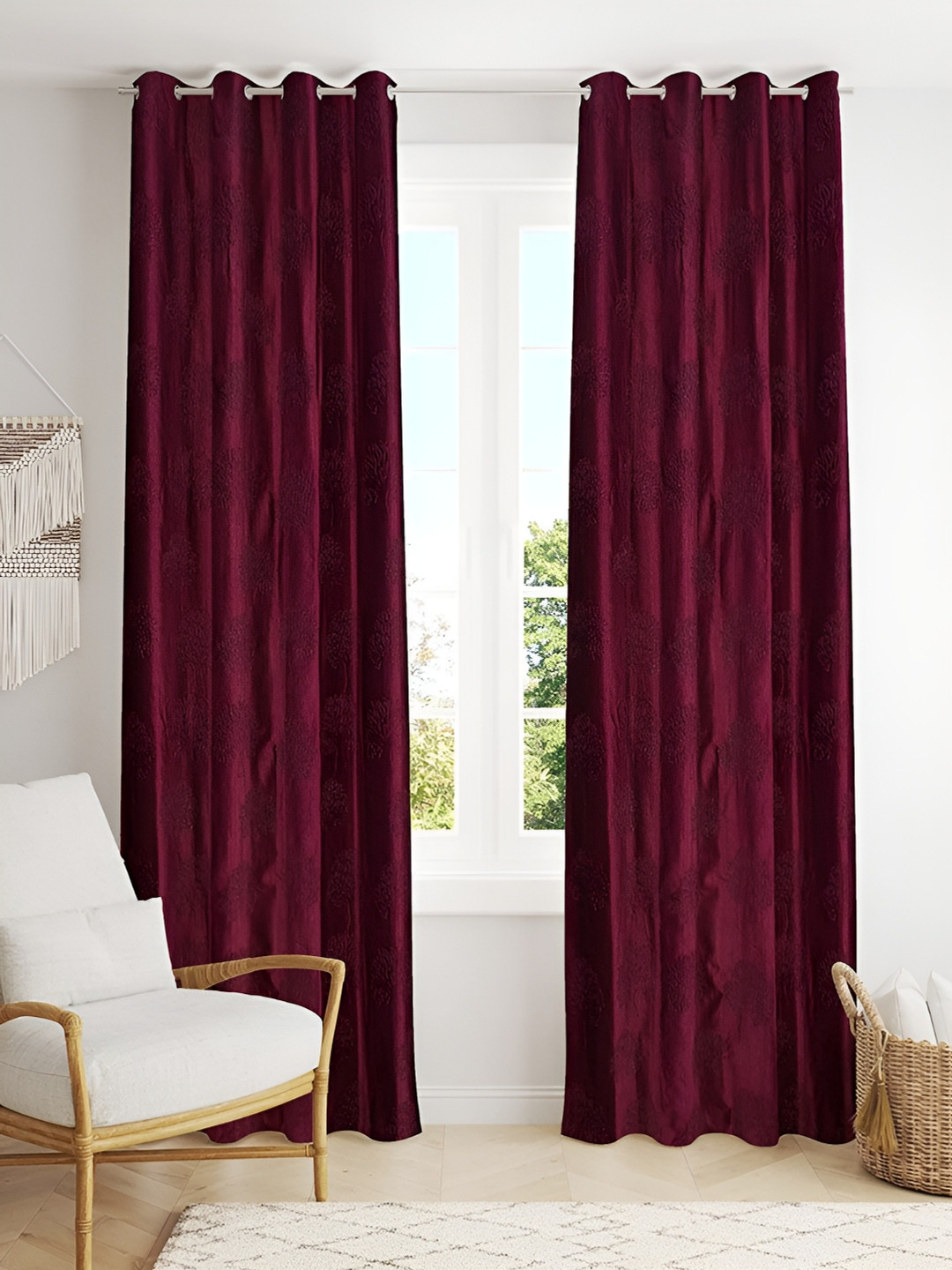 Kraftiq Homes Treepunch Wine 2 Pieces Room Darkening Window Curtains