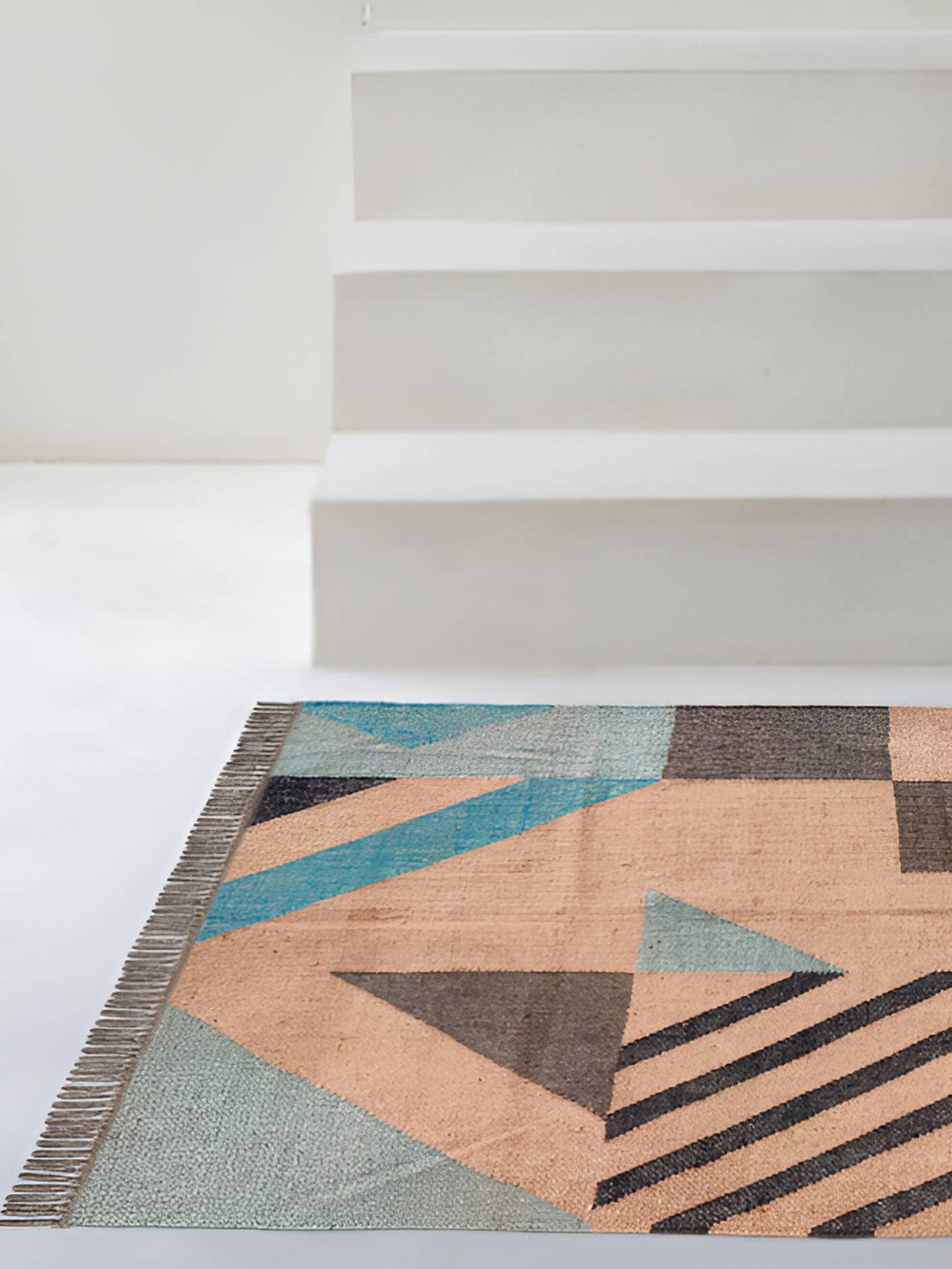 Budhrajrugs Beige & Blue Geometric Wool Jute Rectangular Dhurrie