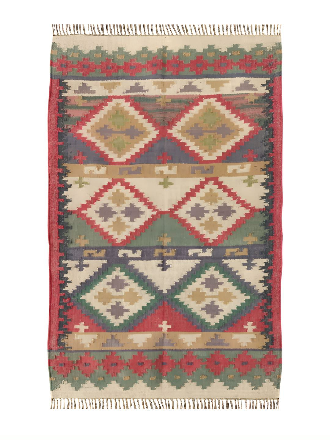 Budhrajrugs Beige & Green Geometric Reversible Dhurrie
