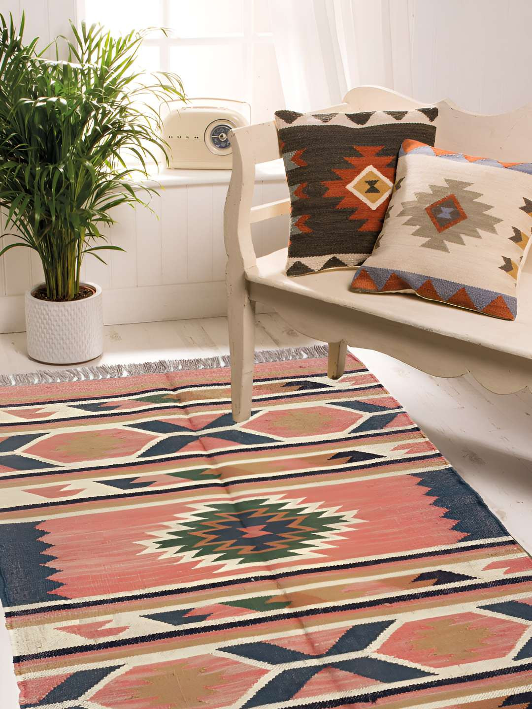 Budhrajrugs Pink & Blue Self Design Reversible Dhurrie