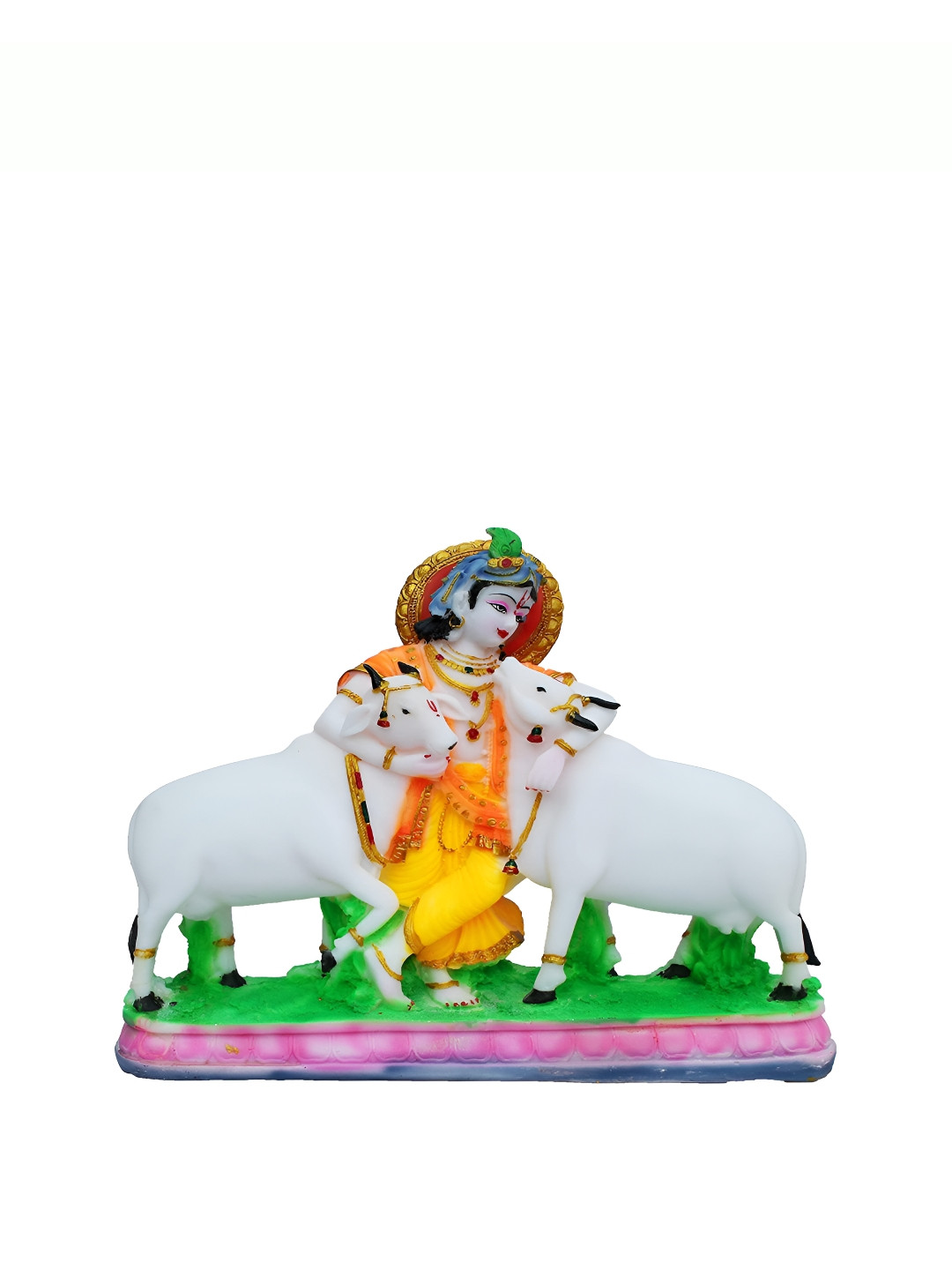SANKALAN CREATIONS Murli Manohar with Cow White Marble Glossy Prayer Room Large Showpiece - 11.6 Inches