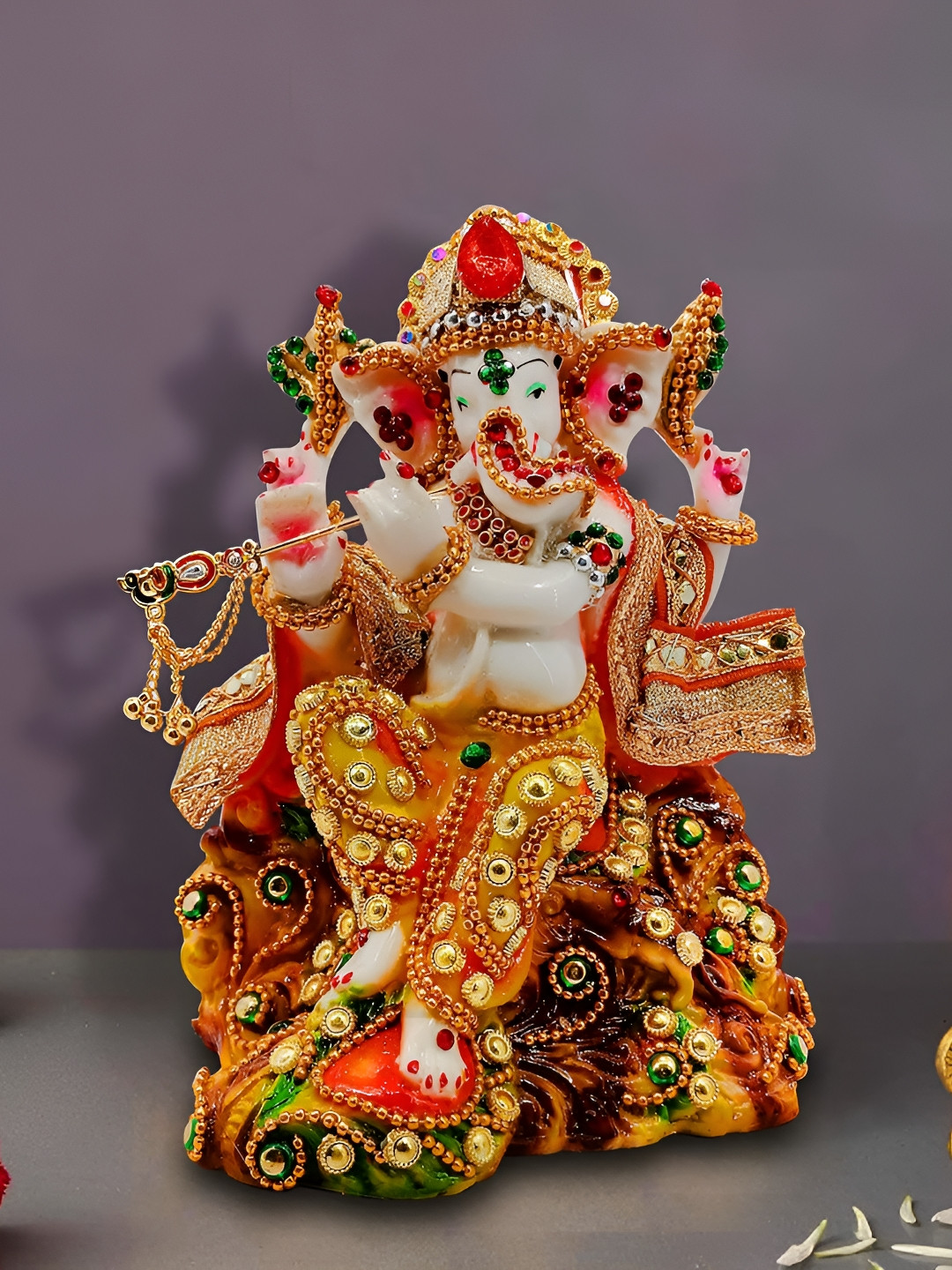 SANKALAN CREATIONS Dressed Ganesh Chowki White Marble Metallic Prayer Room Medium Showpiece - 10.2 Inches