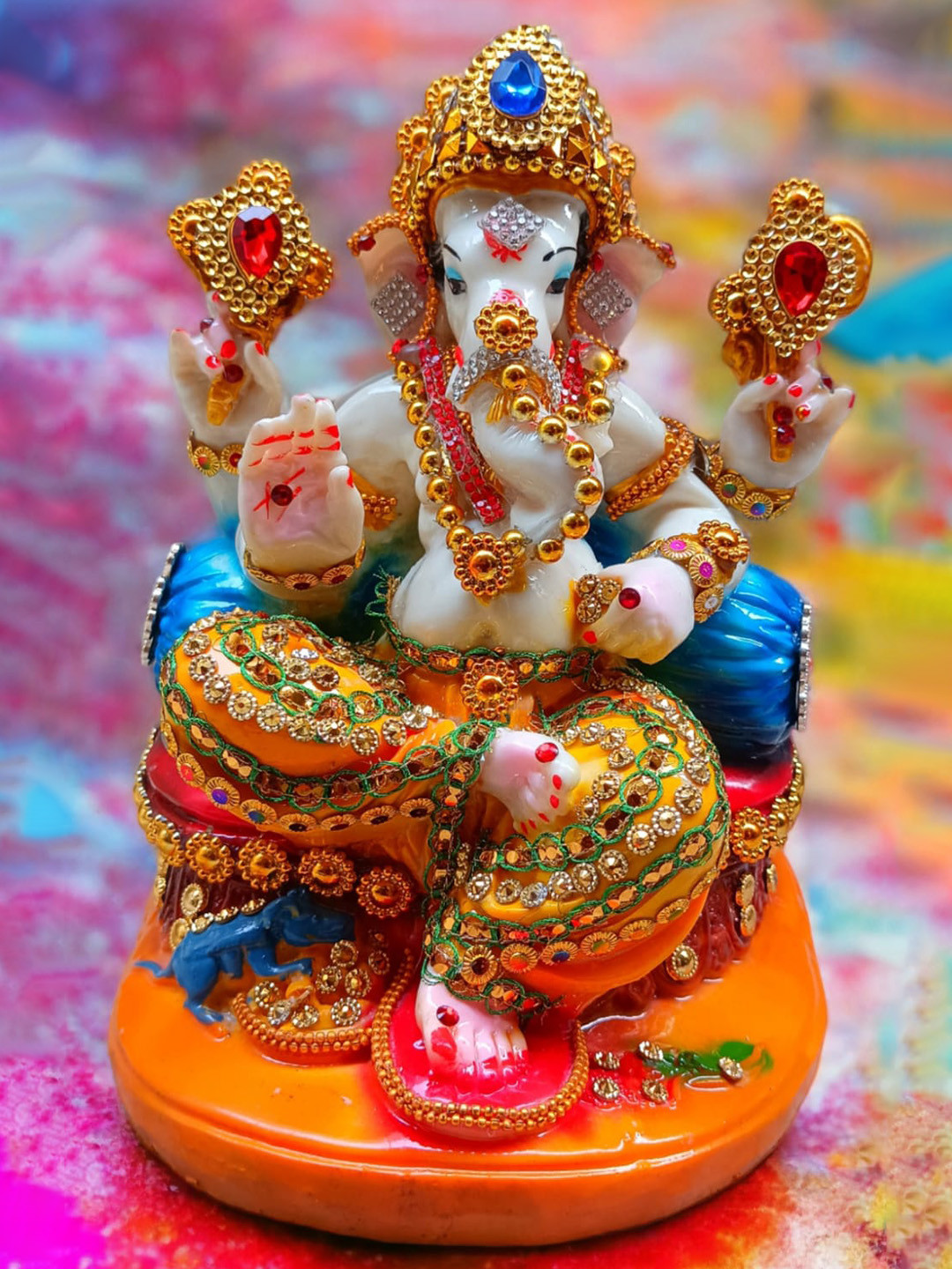 SANKALAN CREATIONS Dressed Ganesh Chowki Cream Polyresin Glossy Prayer Room Medium Showpiece - 7.1 Inches