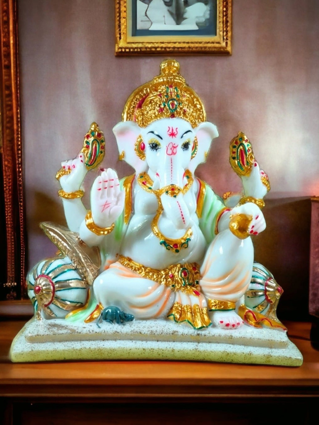 SANKALAN CREATIONS Ganesh Chowki White Marble Glossy Prayer Room Medium Showpiece - 5.9 Inches