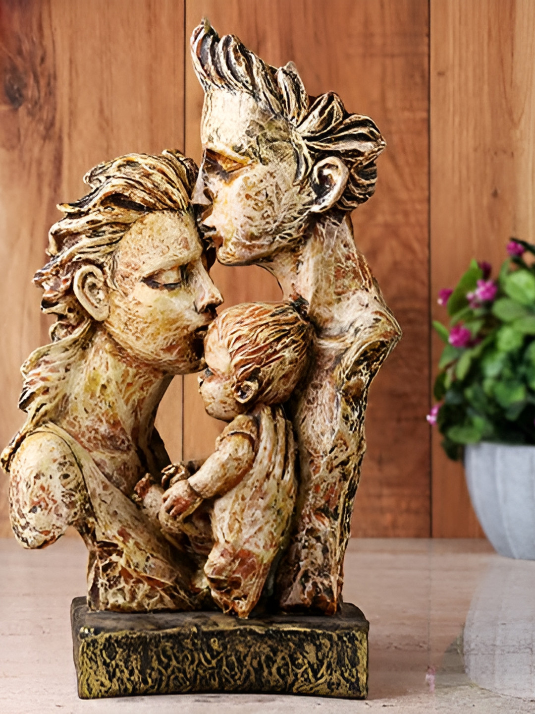 SANKALAN CREATIONS Mother and Father Baby Love Couple Beige Polyresin Natural Living Room Large Showpiece - 13 Inches