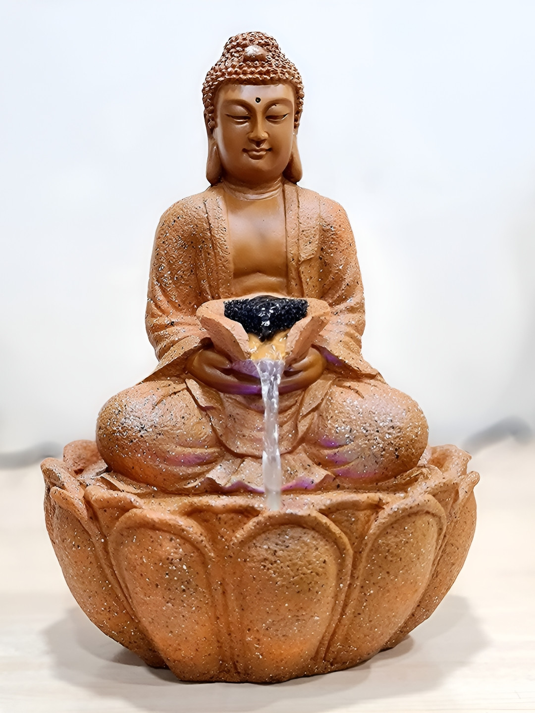 SANKALAN CREATIONS Lotus Buddha Water Fountain Brown Polyresin Glossy Living Room Lights Large Showpiece - 8.3 Inches