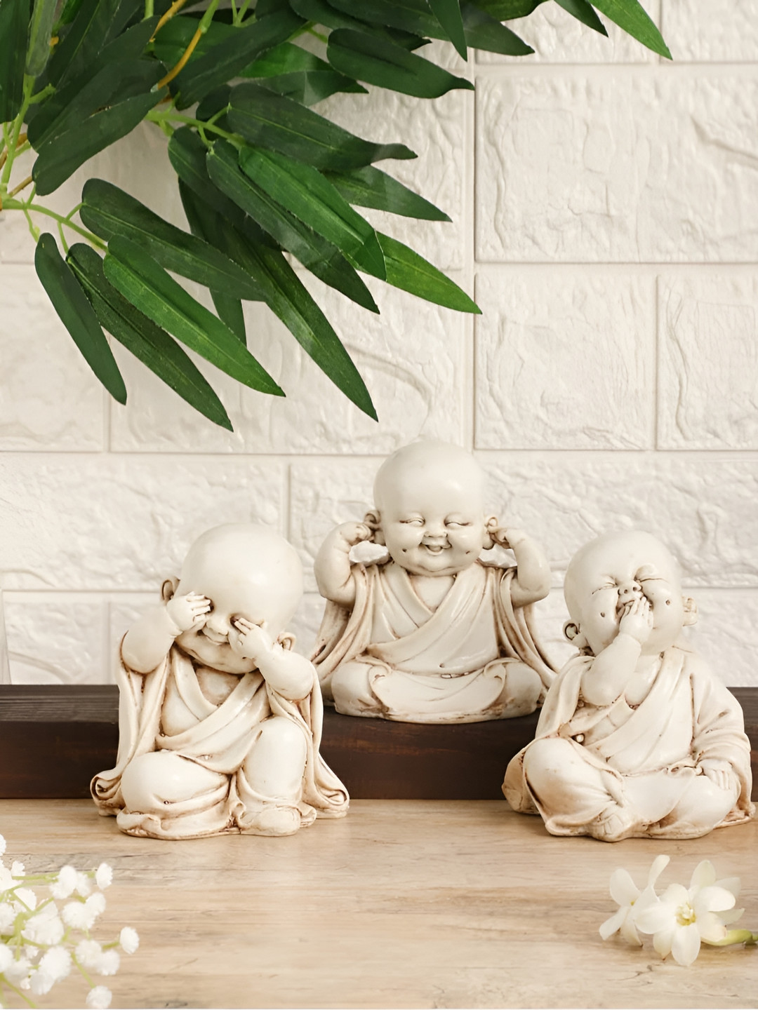 SANKALAN CREATIONS Laughing Baby Buddha White Polyresin Matte Living Room Set of 3 Medium Showpieces - 18 Inches