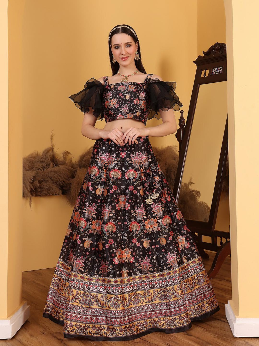 Ethnovog Floral Printed Ready to Wear Kali Lehenga & Blouse With Dupatta