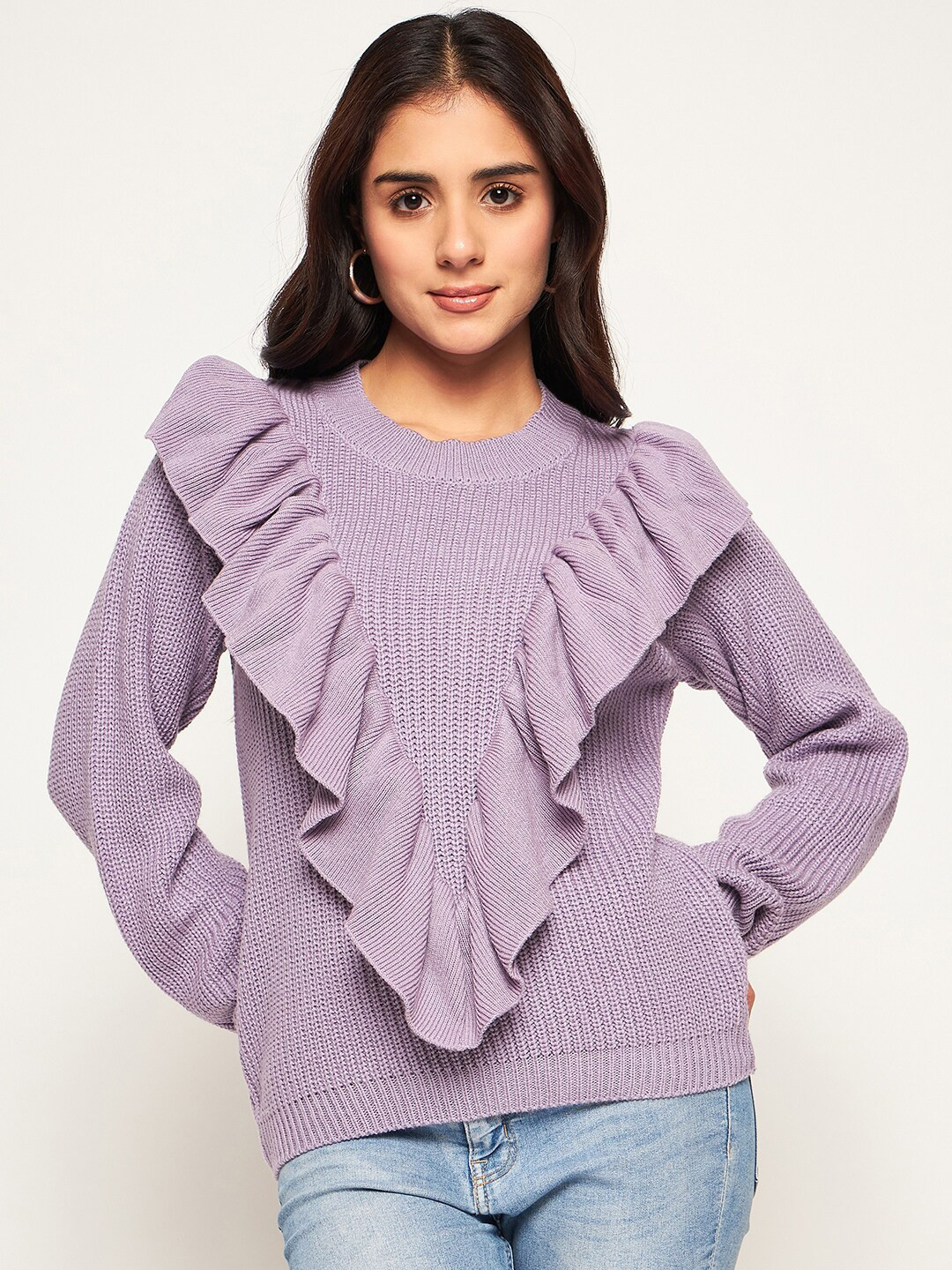 Club York Cable Knit Self Design Ruffled Acrylic Pullover Sweater