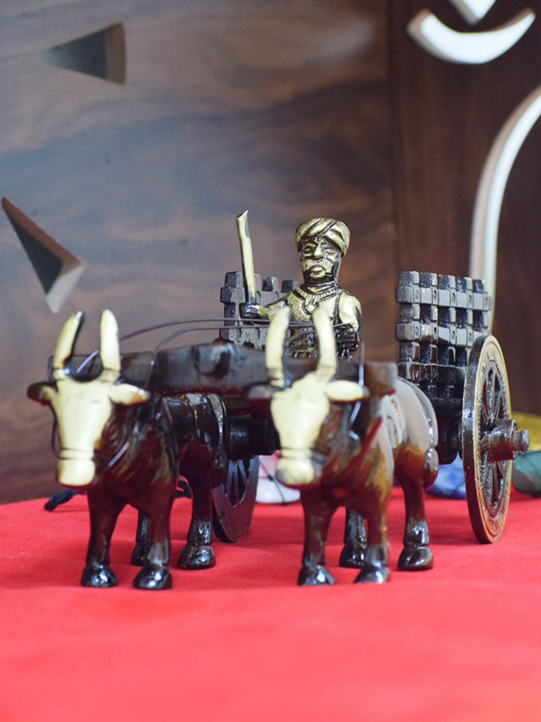 PujaNPujari Vintage indian Village Bullock Cart Brown Brass Metallic Living Room Small Showpiece - 3.9 Inches
