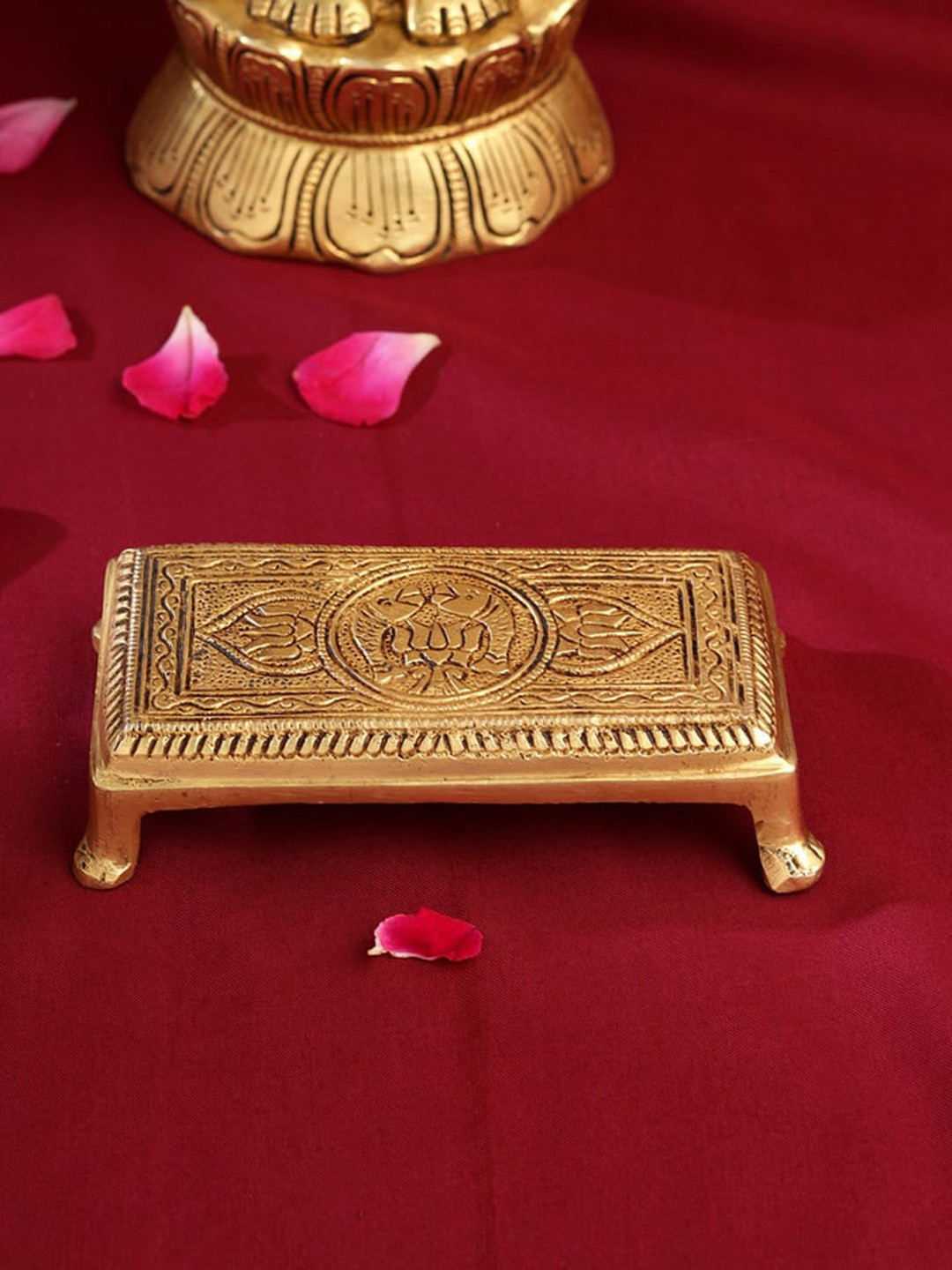 PujaNPujari Gold Toned Textured Rectangle Brass Pooja Chowki