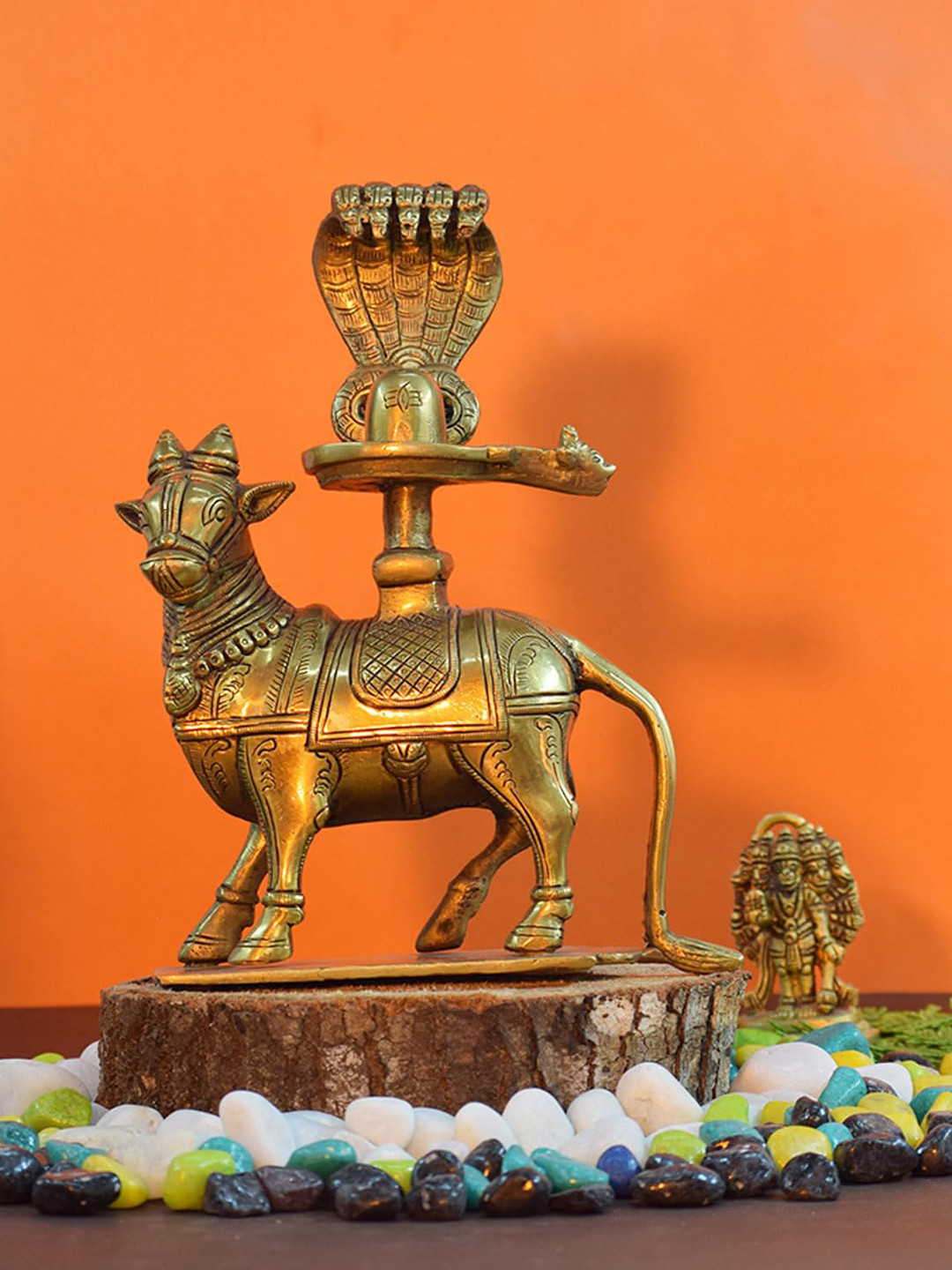 PujaNPujari Lord Nandi with Shivlingam Brown Brass Metallic Prayer Room Small Showpiece - 7.9 Inches