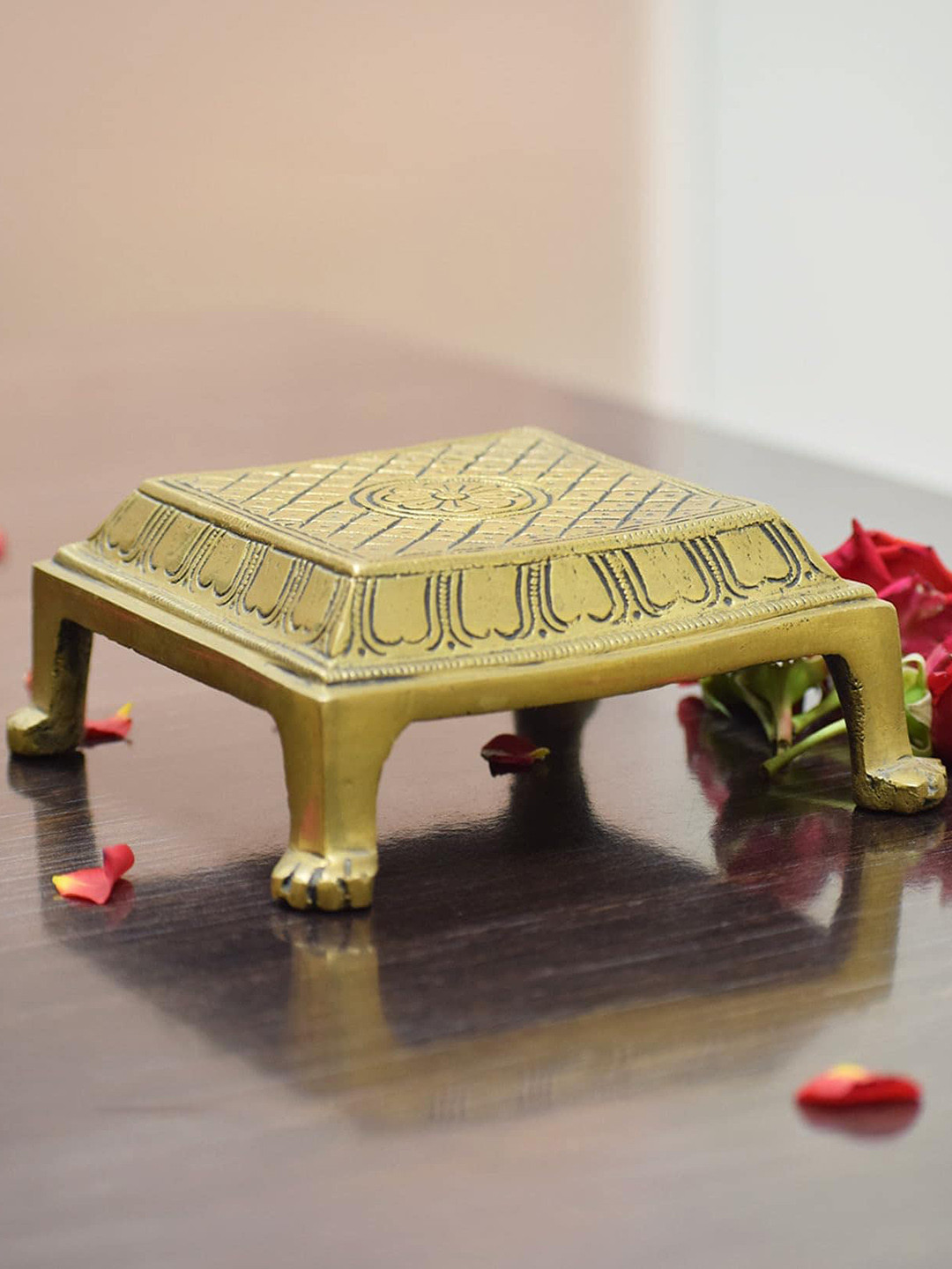PujaNPujari Brown Textured Square Pooja Chowki