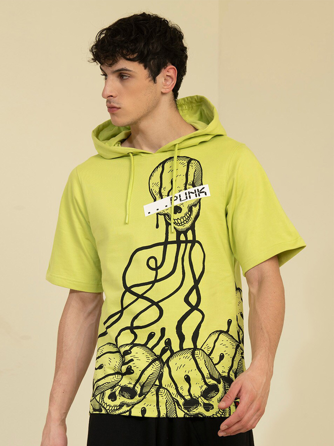 PUNK Graphic Printed Hooded Short Sleeves Terry Fleece Pullover Sweatshirt