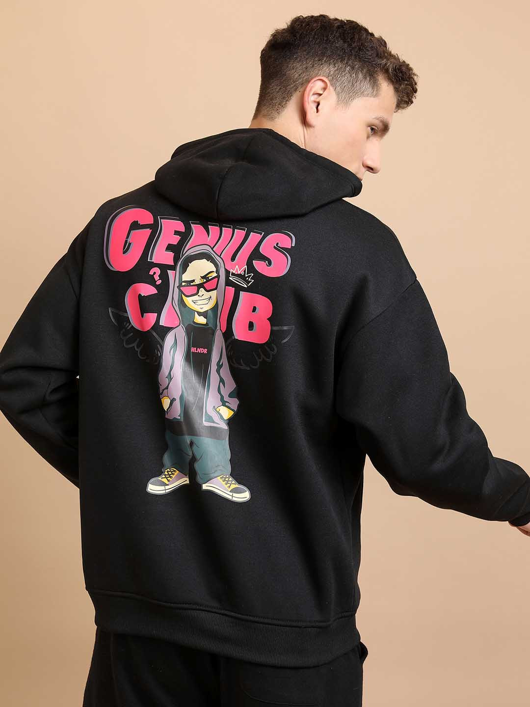 HIGHLANDER Black Graphic Printed Hooded Oversized Sweatshirt