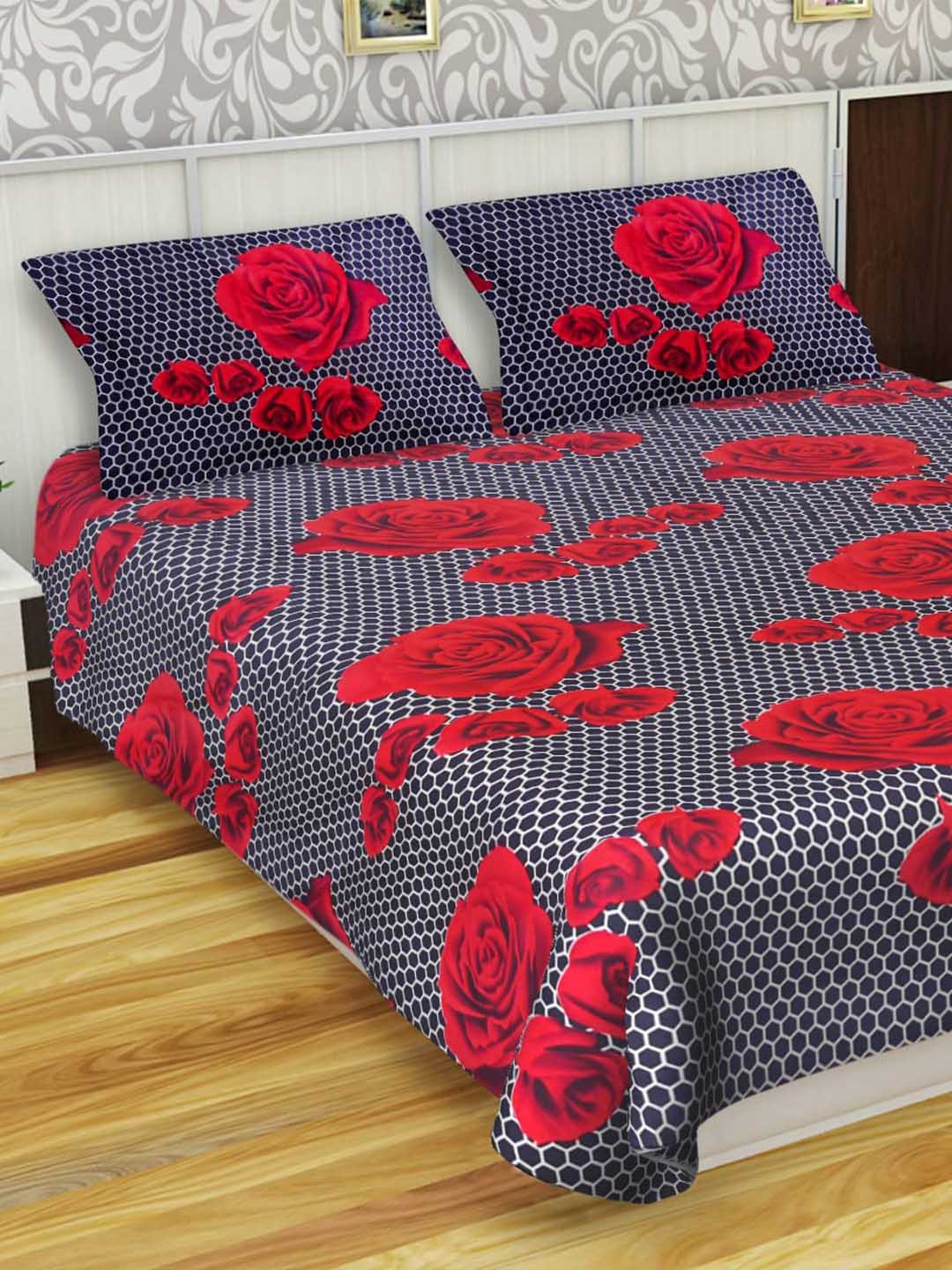 Supreme Home Collective Black Floral Microfiber 144 TC Queen Bedsheet with 2 Pillow Covers-89 x 89 inches