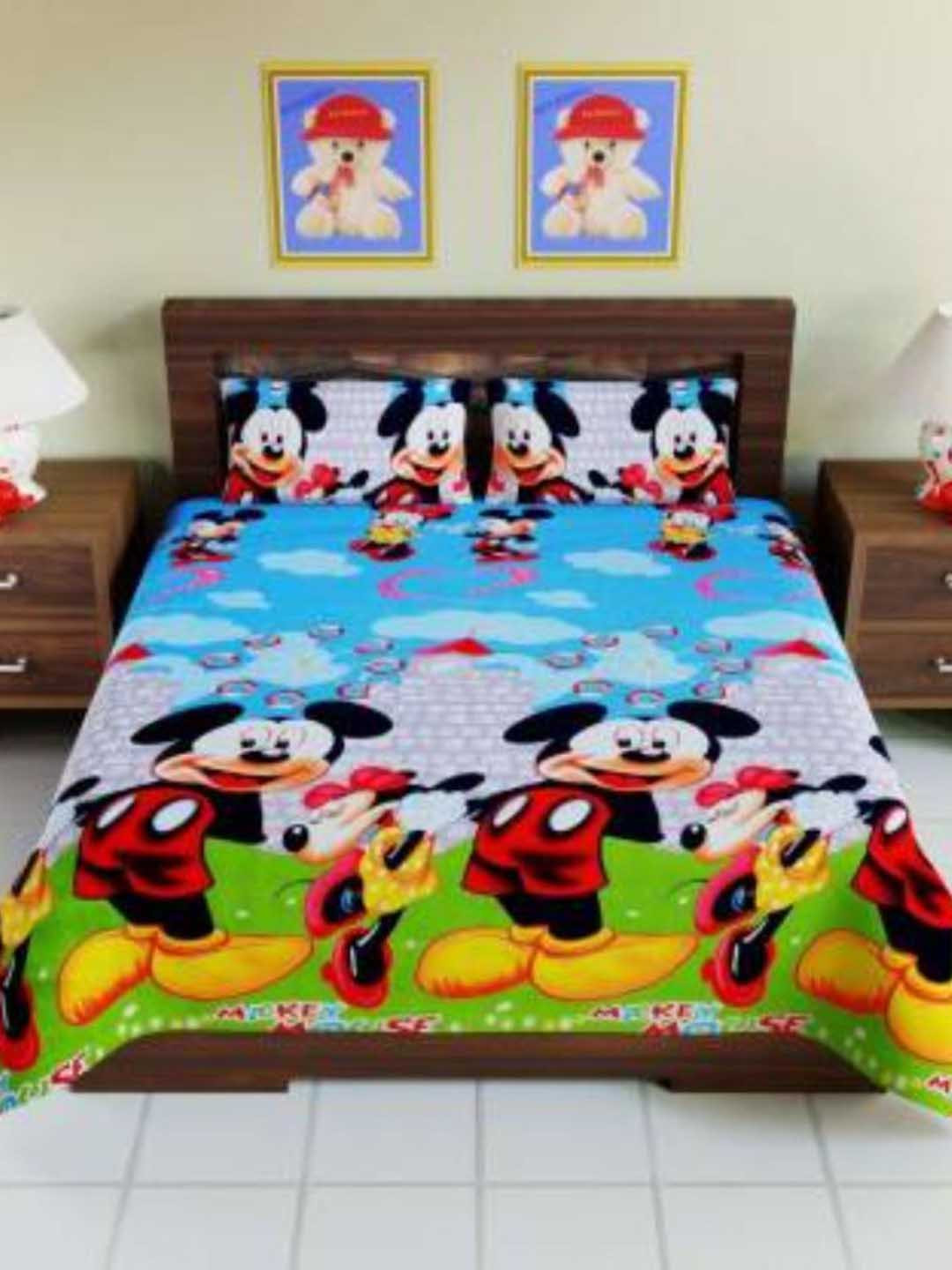 Supreme Home Collective Blue Cartoon Characters Microfiber 144 TC Queen Bedsheet with 2 Pillow Covers-89 x 89 inches