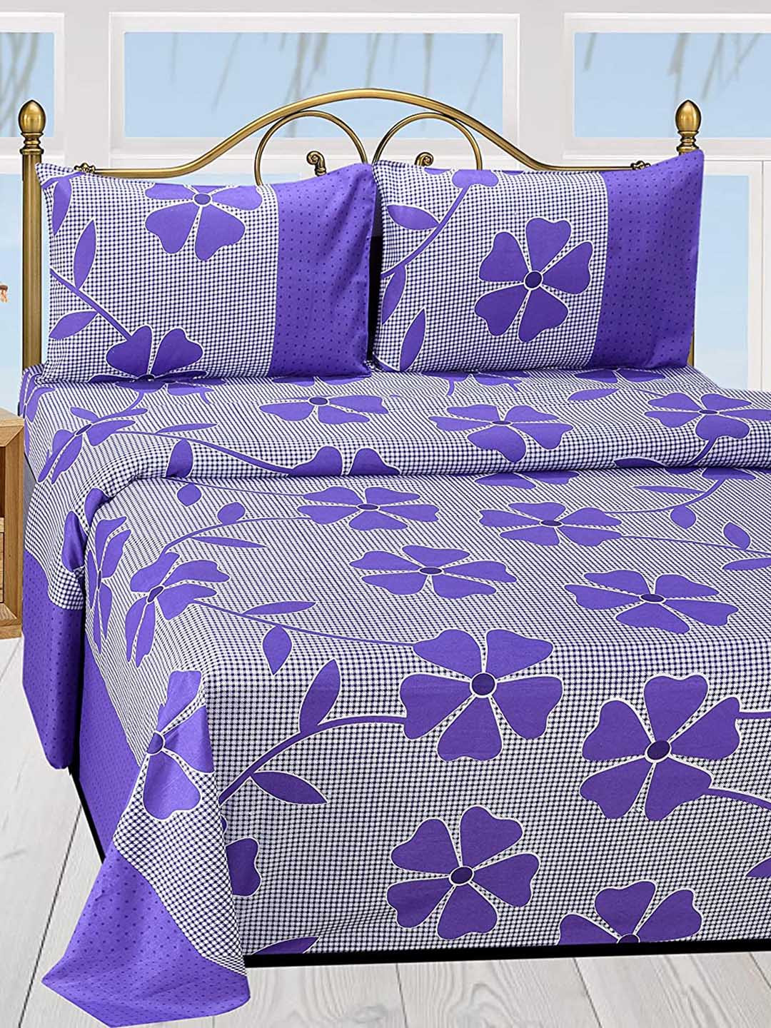 Supreme Home Collective Purple Floral Microfiber 144 TC Queen Bedsheet with 2 Pillow Covers-87 x 89 inches