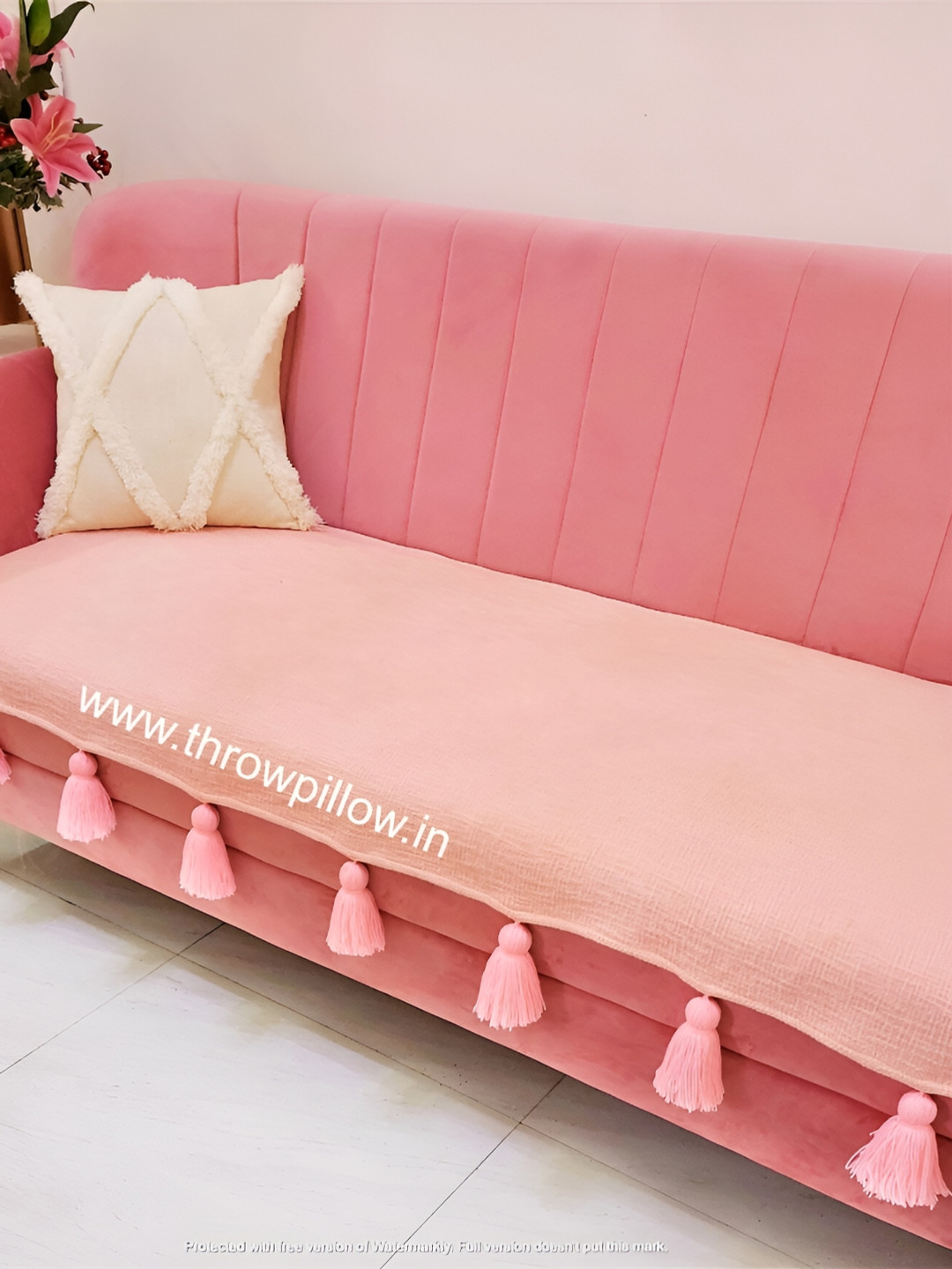 THROWPILLOW Peach-Coloured Anti-Slip Three Seater Tasseled Sofa Cover