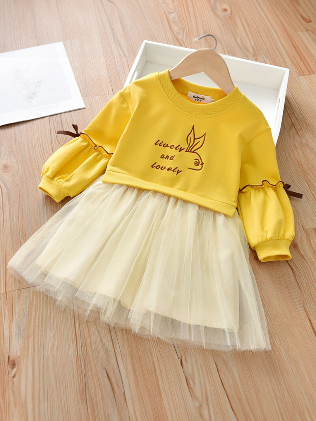 StyleCast Girls Yellow Puff Sleeves Pure Cotton Fit and Flare Dress
