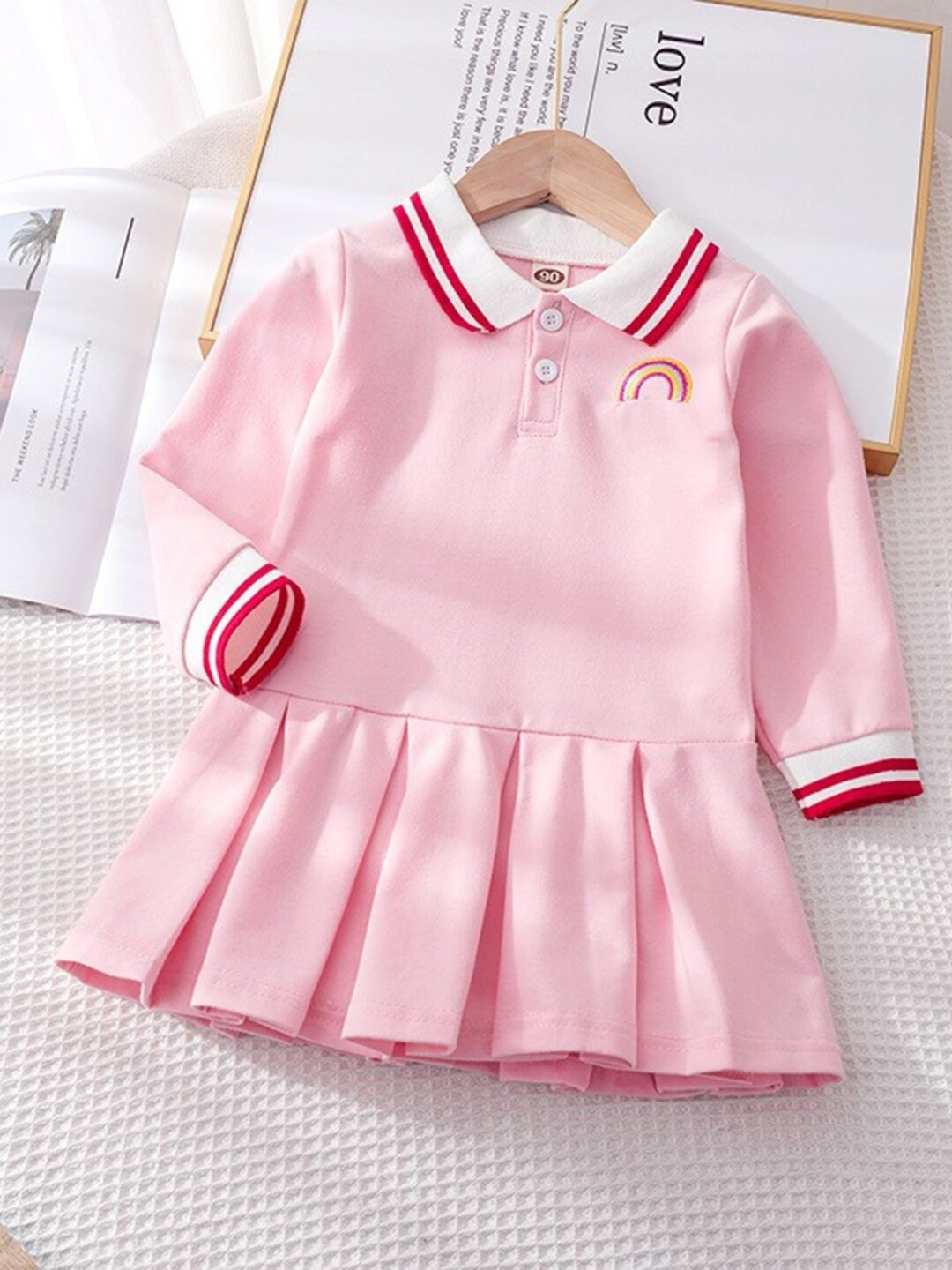 StyleCast Girls Pink Peter Pan Collar Long Sleeve Pleated Cotton A-Line Dress