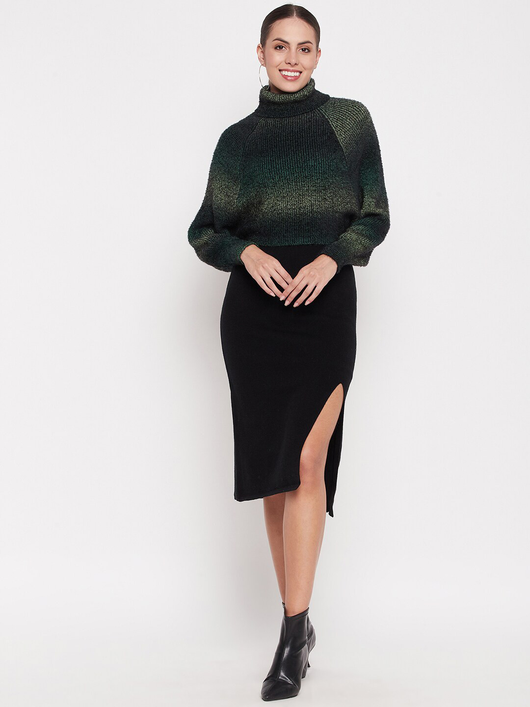 Madame Self Design Turtle Neck Quirky Acrylic Crop Pullover