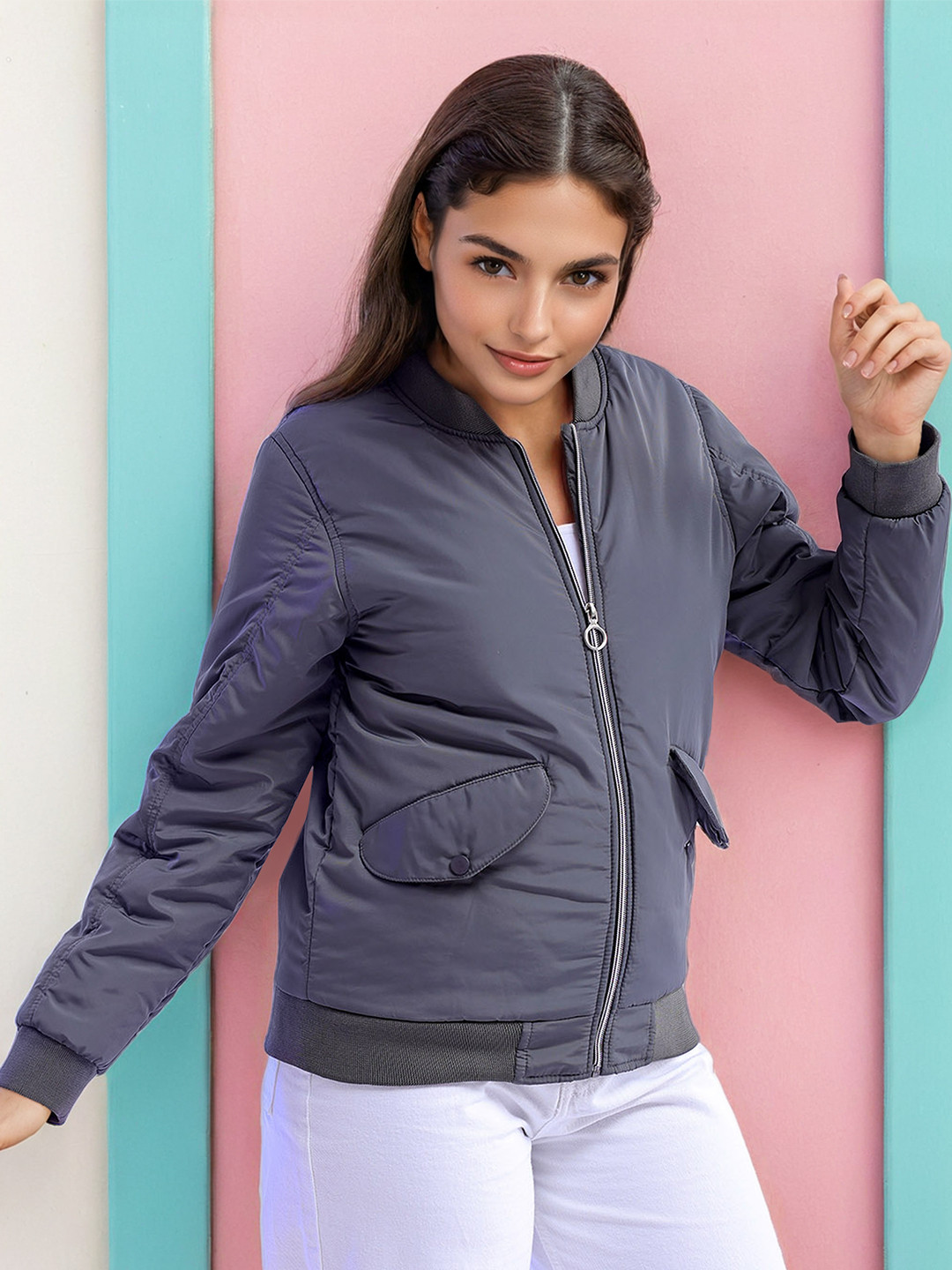 Freehand by The Indian Garage Co Stand Collar Long Sleeves Lightweight  Bomber Jacket