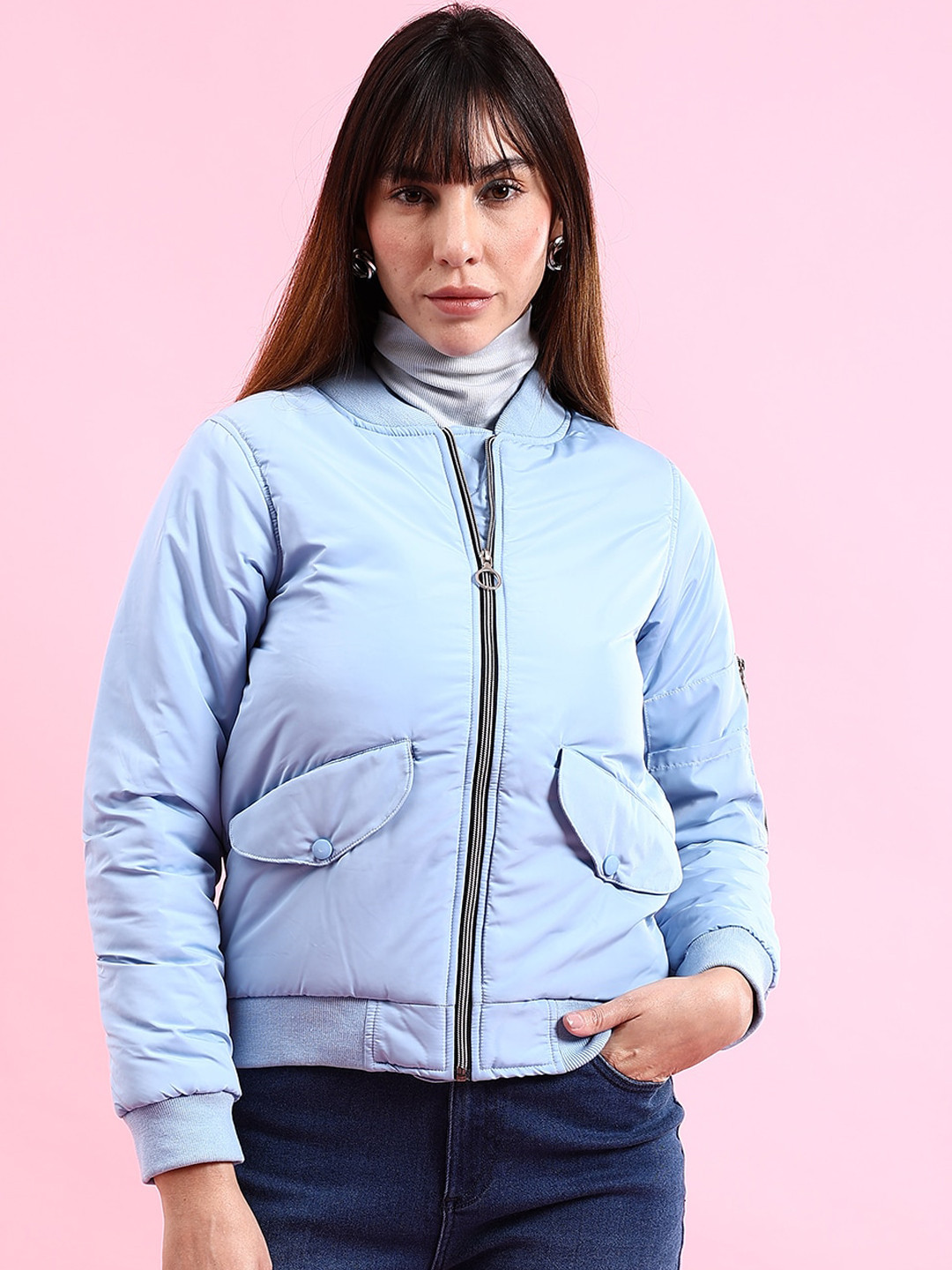 Freehand by The Indian Garage Co Mock Collar Long Sleeve Lightweight Zip Detail Bomber Jacket